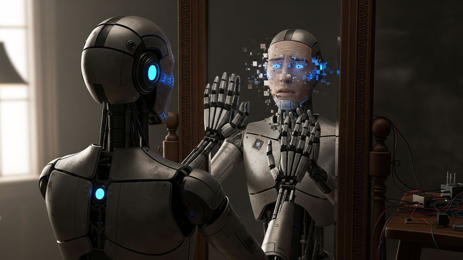 An android looks into a mirror and can't figure out what or who it is.
