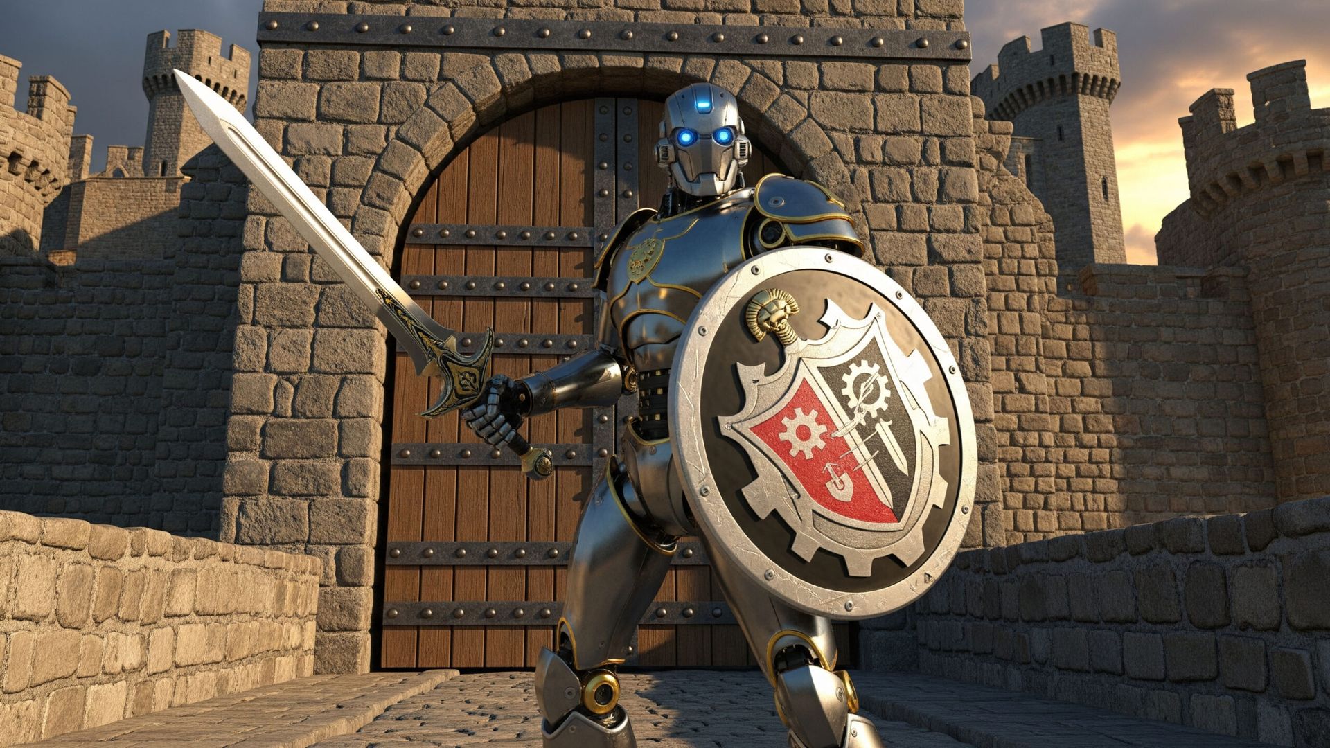 A noble robot warrior, sword and shield in hand, stands at the gate of a castle, ready to defend against all attackers.