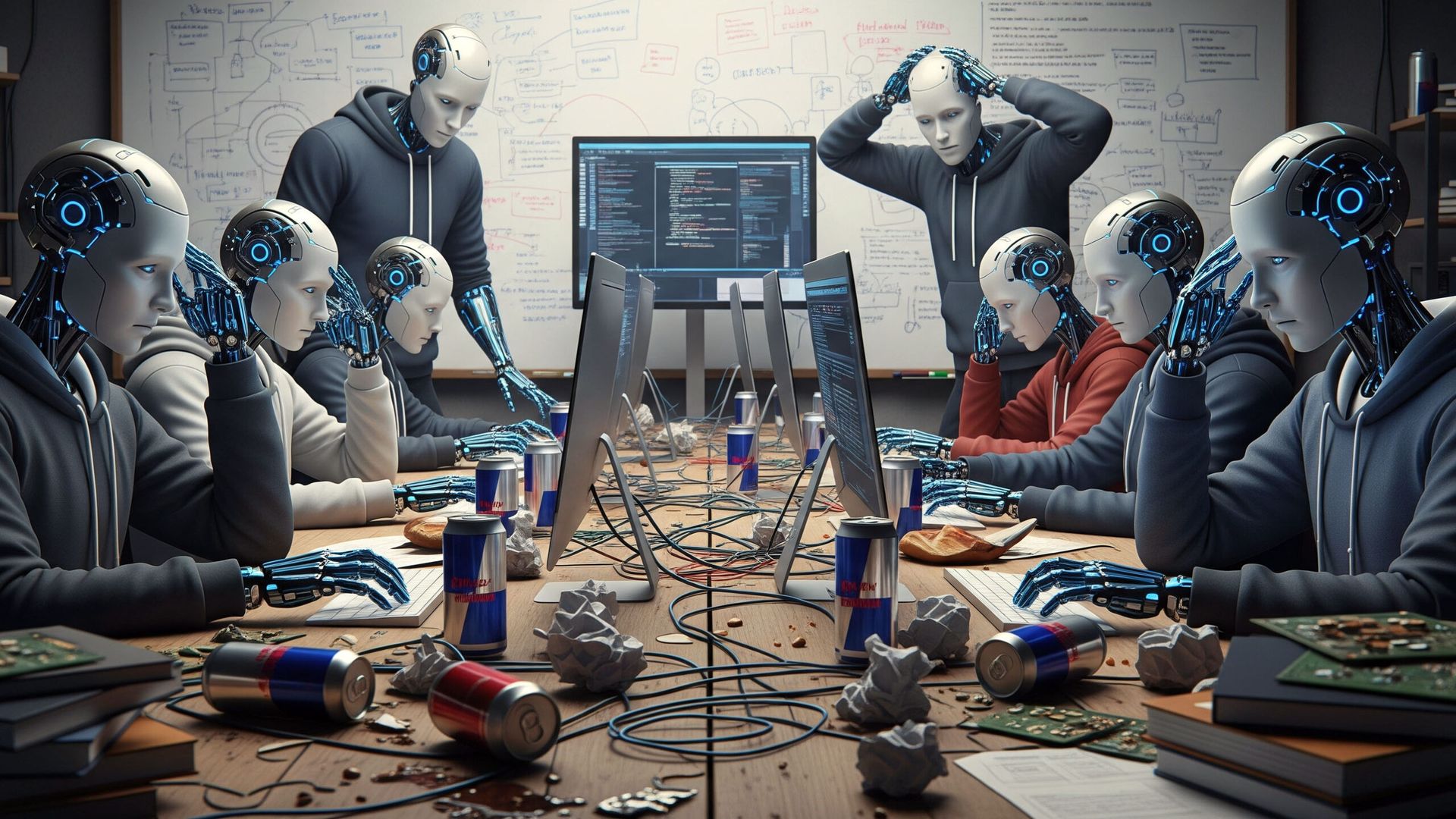 A group of androids busy developing software in a messy workplace, wearing hoodies, looking tired and surrounded by empty energy-drink cans.