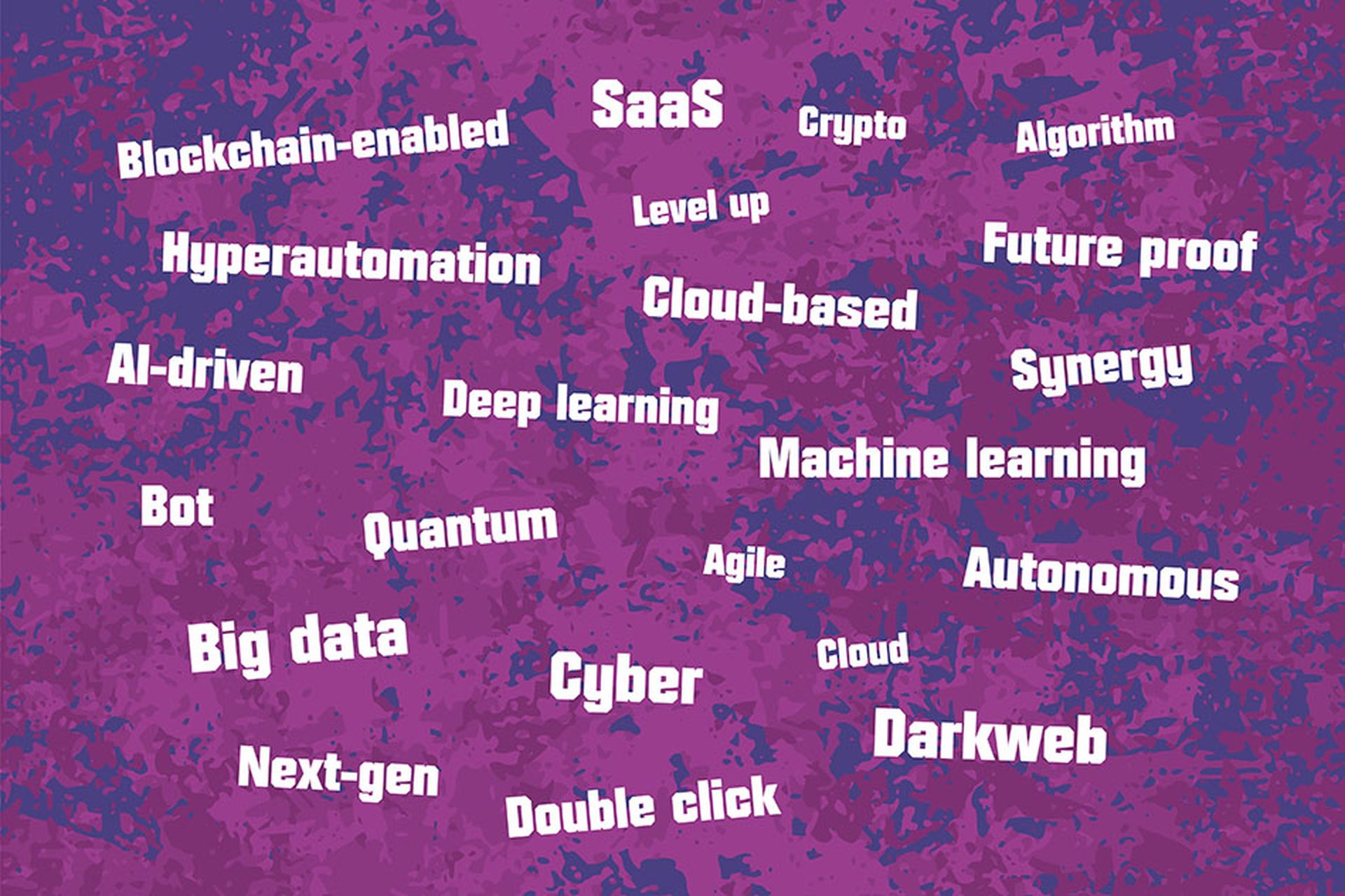 IT company corporate buzzwords loved by managers, disliked by employees. Modern software tech corporation language - blockchain, AI, crypto and SaaS.