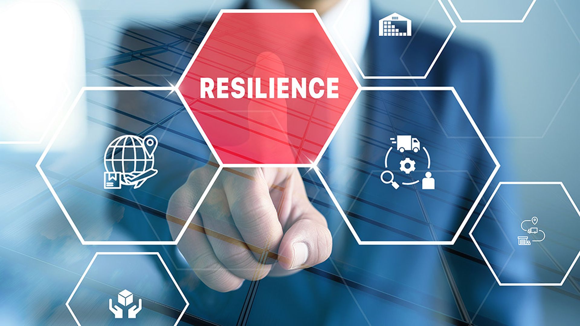 Supply Chain Resilience, business professional interacting with digital interface.
