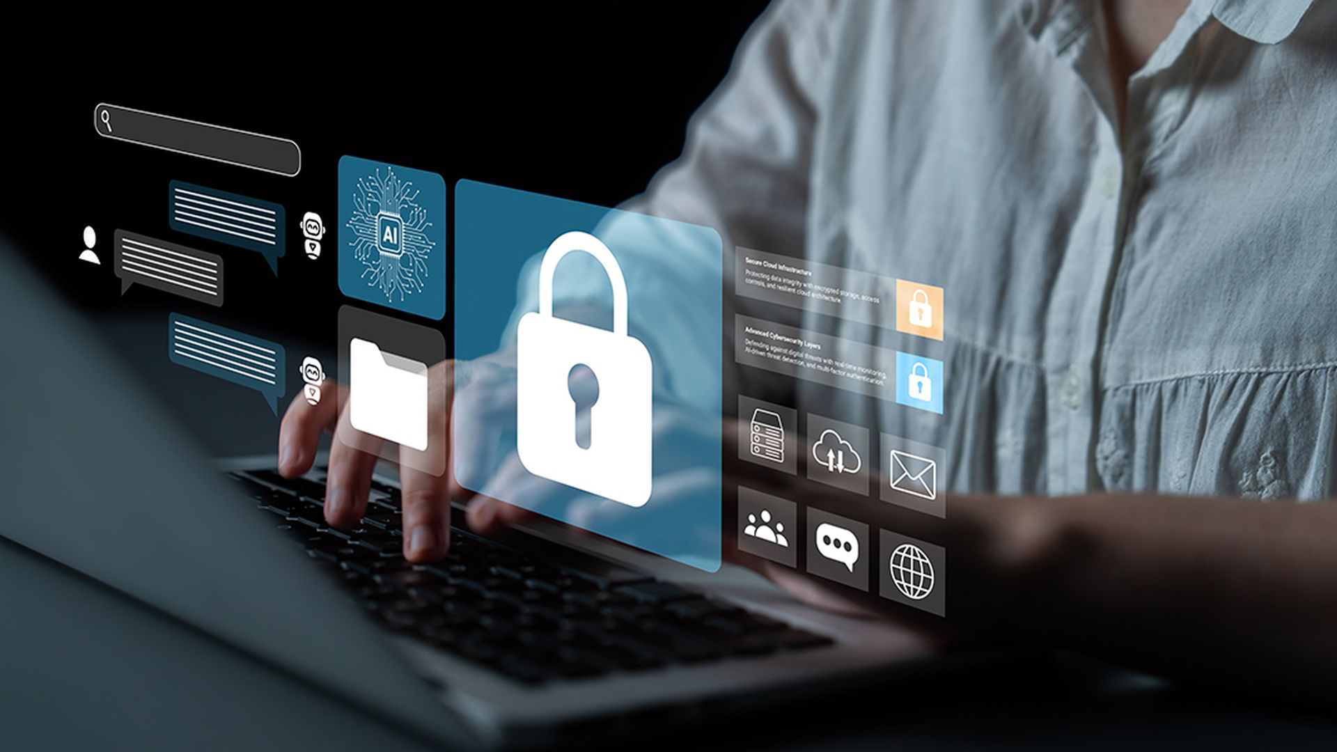A user interacts with a laptop, surrounded by holographic icons representing security and digital privacy. This image captures modern technology in action.