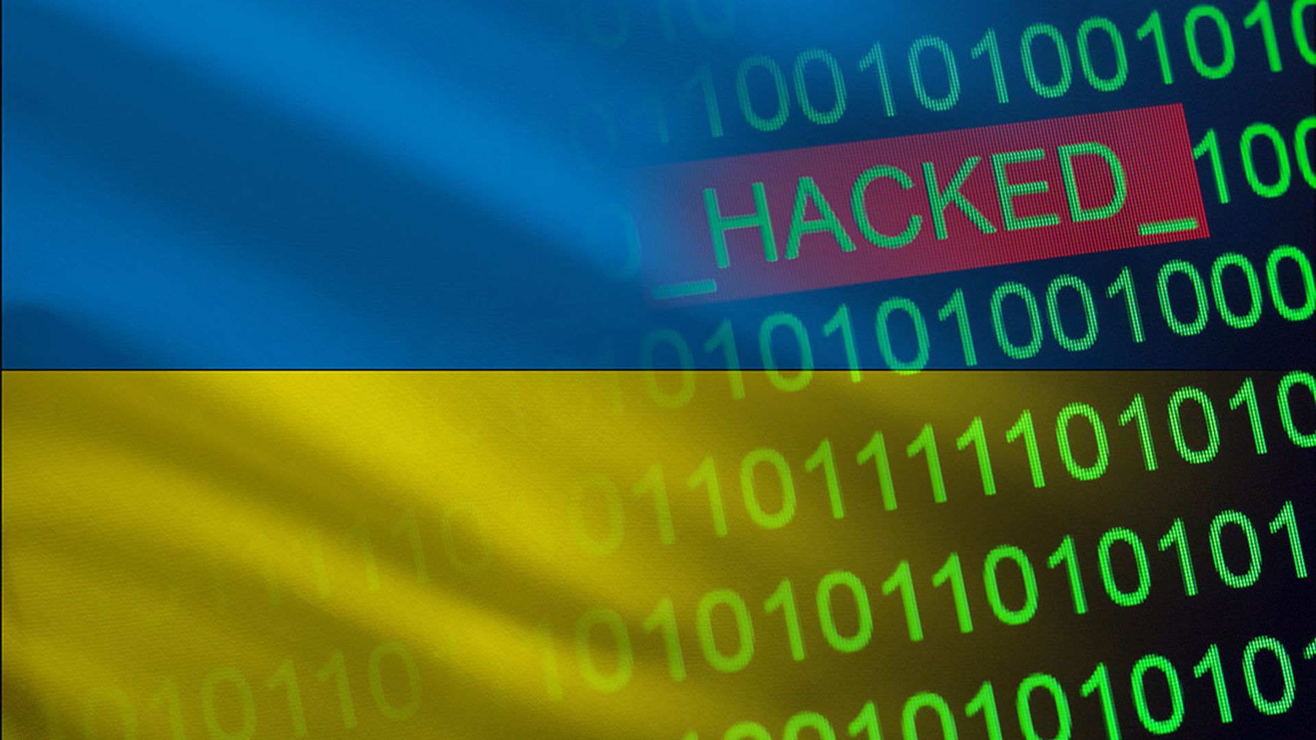 Ukraine hacked state security. Cyberattack on the financial and banking structure. Theft of secret information. On a background of a flag the binary code.