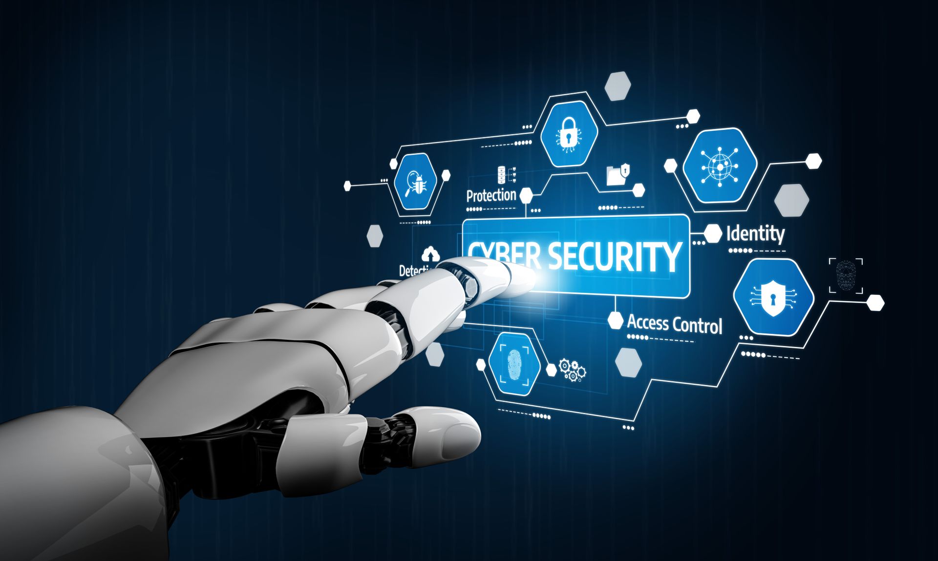 A robotic hand interacts with a digital interface dedicated to cyber security, highlighting concepts of data protection, identity management, and safety measures. Tessel