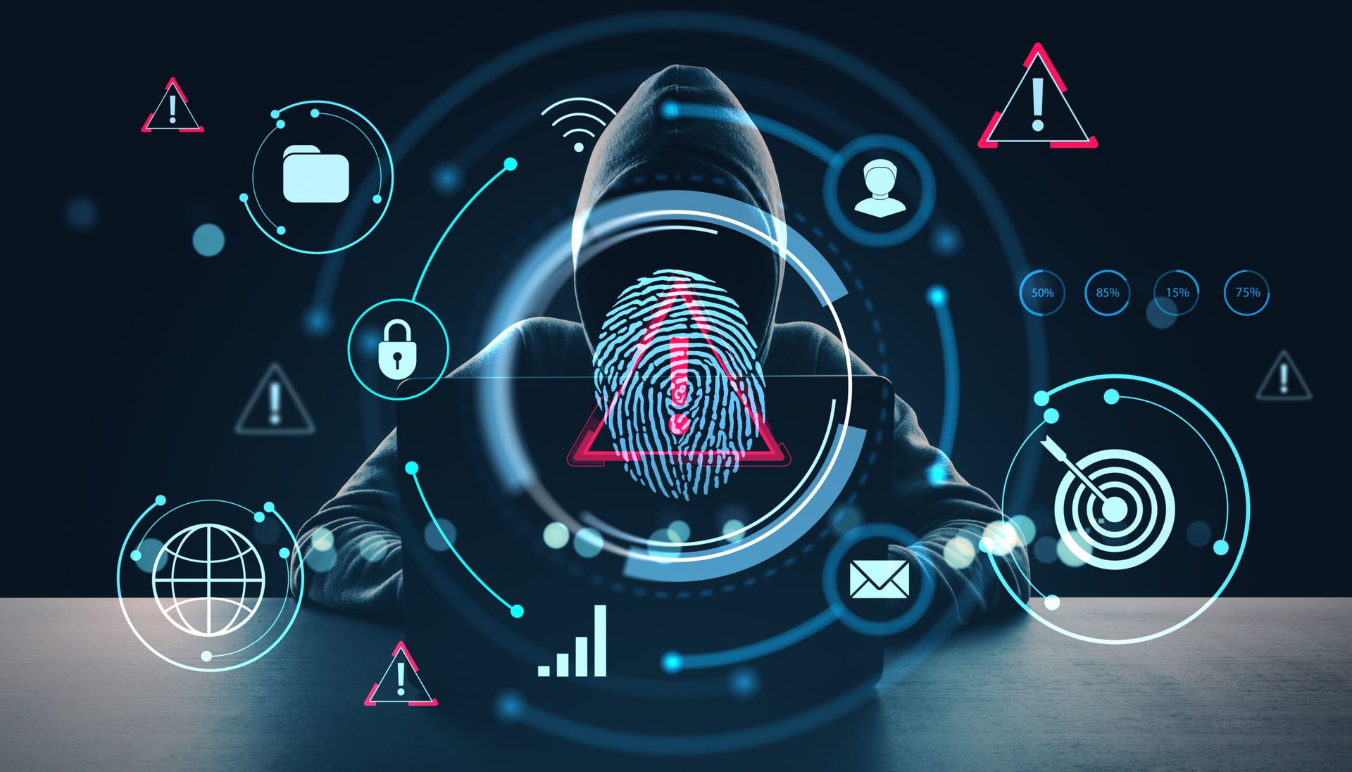 Hooded hacker figure behind laptop with glowing fingerprint scan and digital security icons on dark background, concept of cybercrime and identity theft