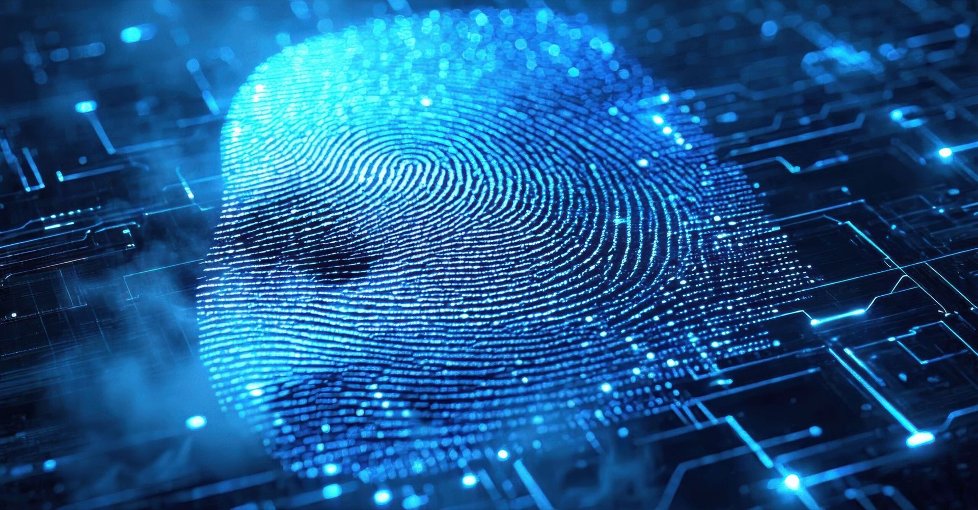 Digital fingerprint overlaying circuit board. Blue glow, futuristic design, security concept, technology illustration. Complex patterns visible.