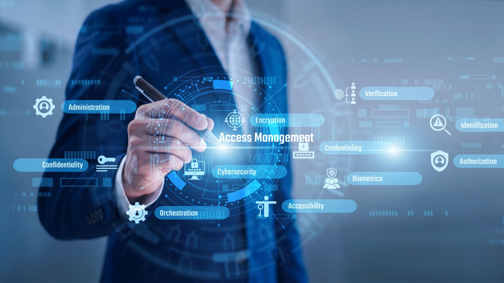 Security lead point of Access Management concept. Secure identity protocols verify user permissions. Access Management tools prevent unauthorized entry into sensitive company environments.
