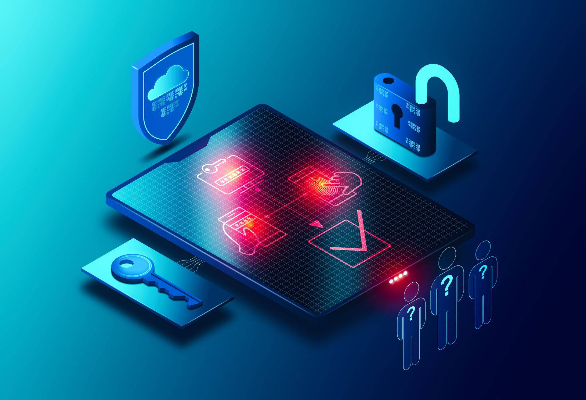 Multi-Factor Authentication Concept – MFA –  Screen with Authentication Factors Surrounded by Digital Access and Identity Elements – Cybersecurity Solutions – 3D Illustration