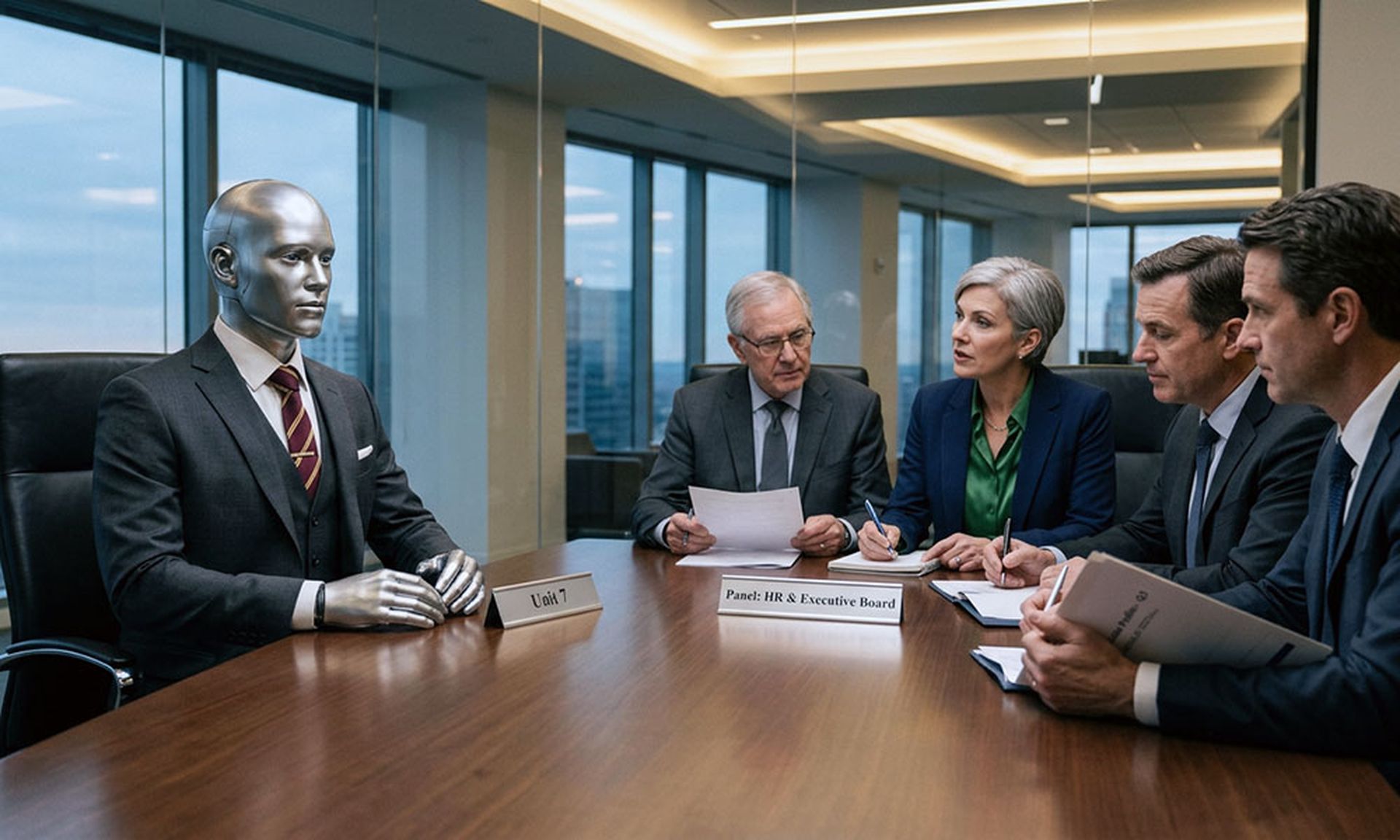 An android in a business suit is being interviewed by a panel of human executives for a corporate job.