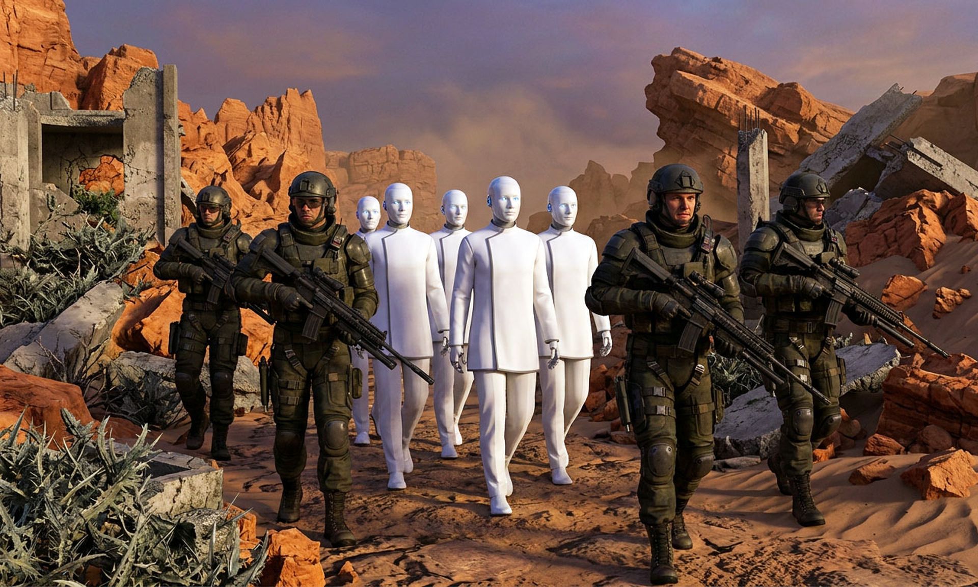 A group of innocent-looking androids wearing white is escorted through an exotic, dangerous wasteland by a detachment of heavily armed guards.