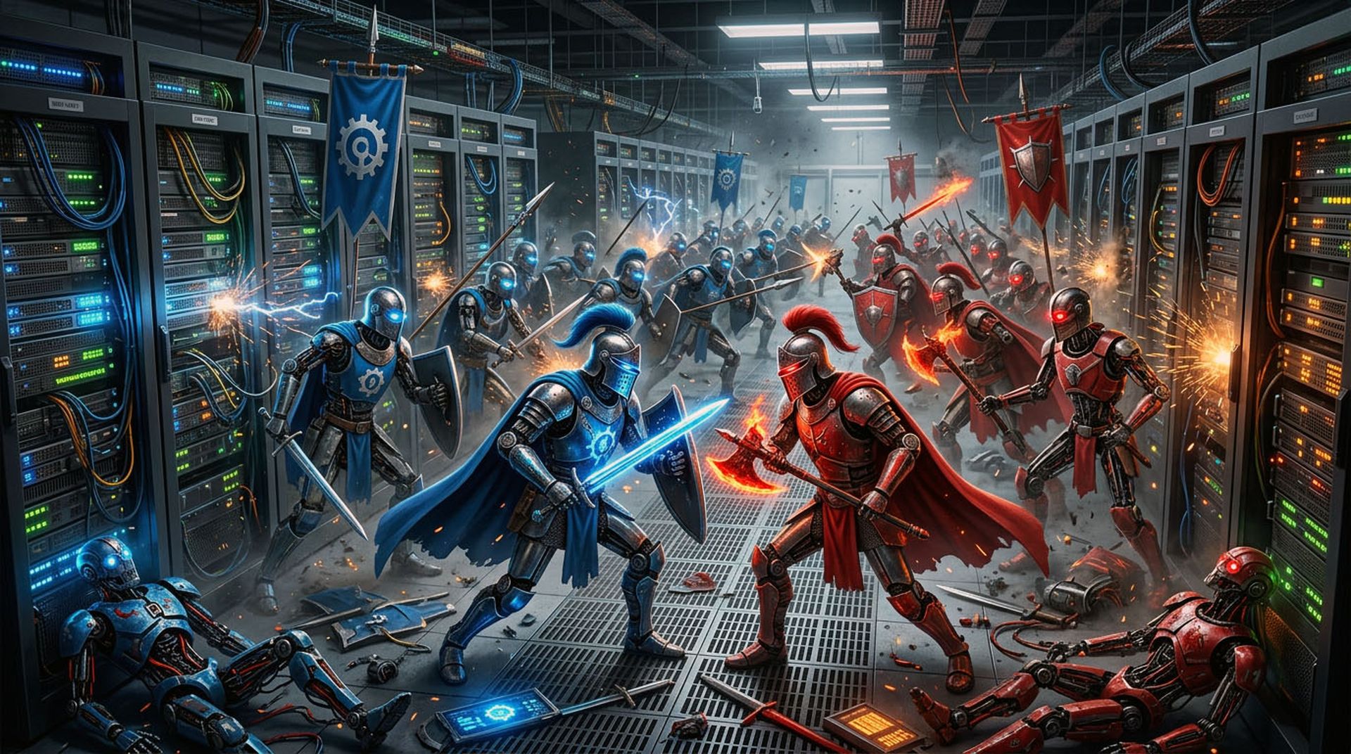 Two armies of robots in medieval military gear, one side wearing red and the other wearing blue, battle it out inside a data center.