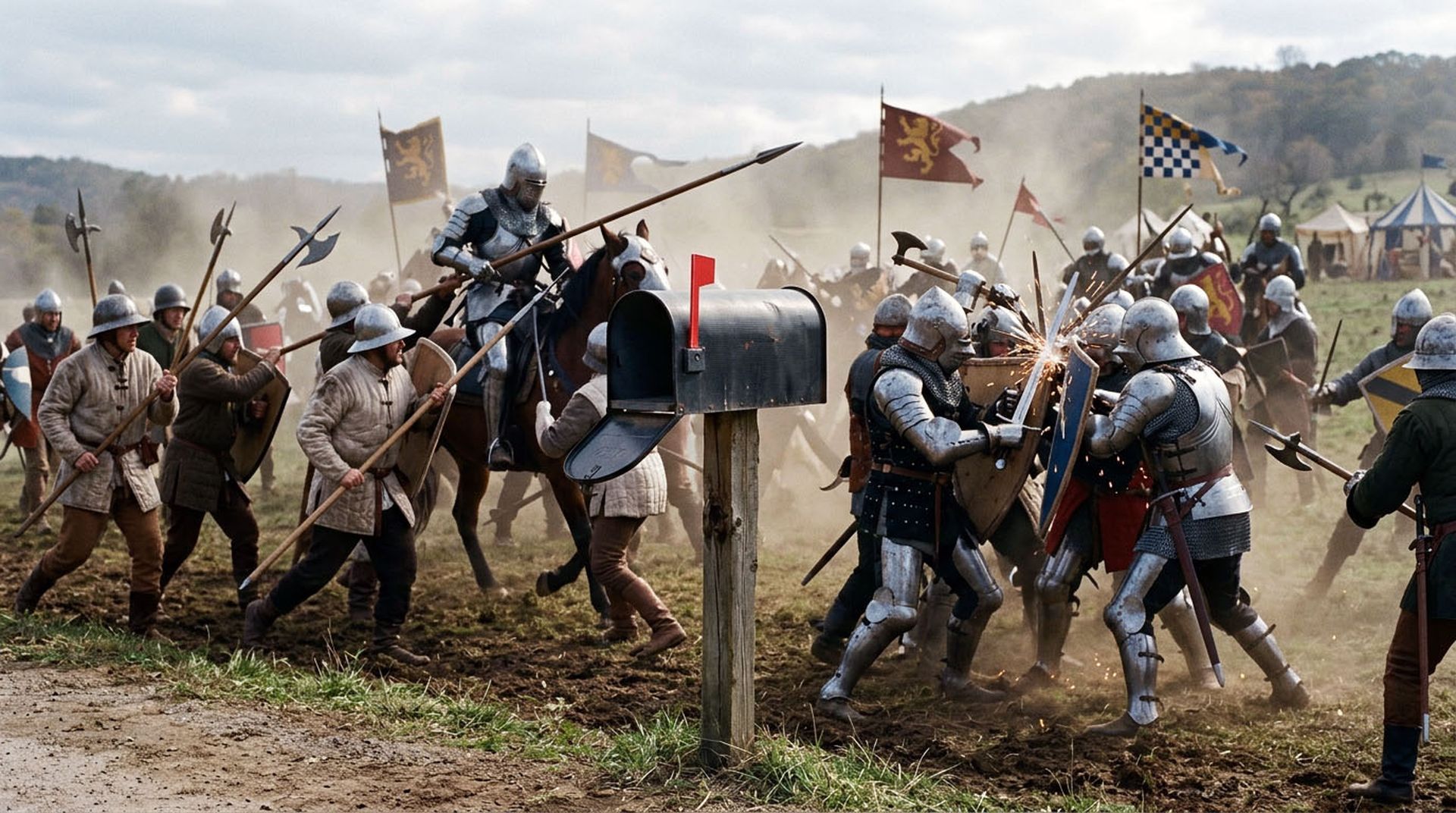 An open roadside mailbox stands untouched as knights in armor and medieval infantrymen battle around it.