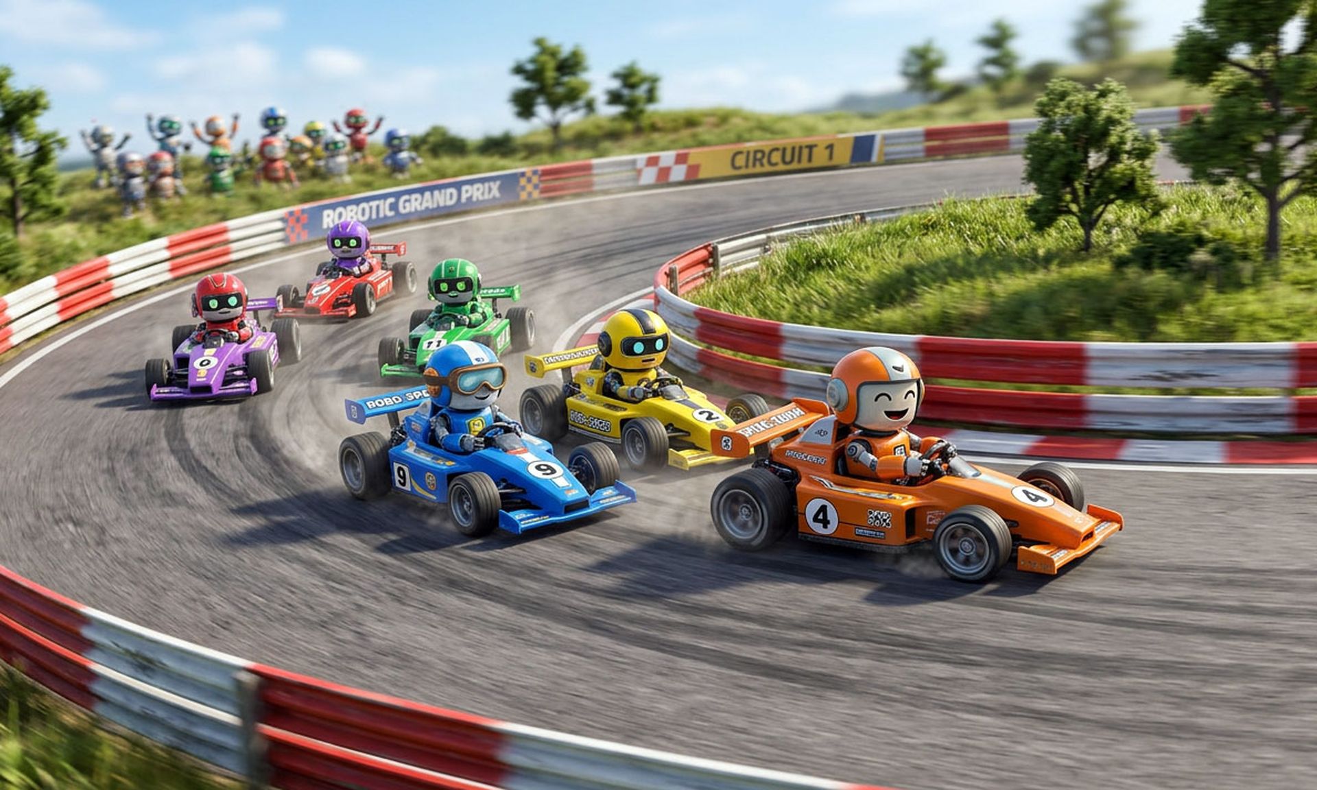 Cute robots race cars in the same direction around a winding track, trying hard to stay within the guardrails.