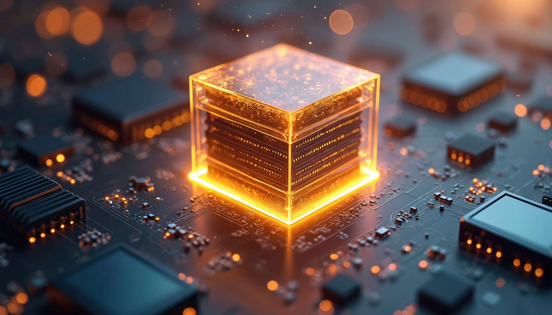 Glowing server core sits inside transparent cube on circuit board. Digital data streams flow, suggesting network security protection. Futuristic tech concept for system defense.