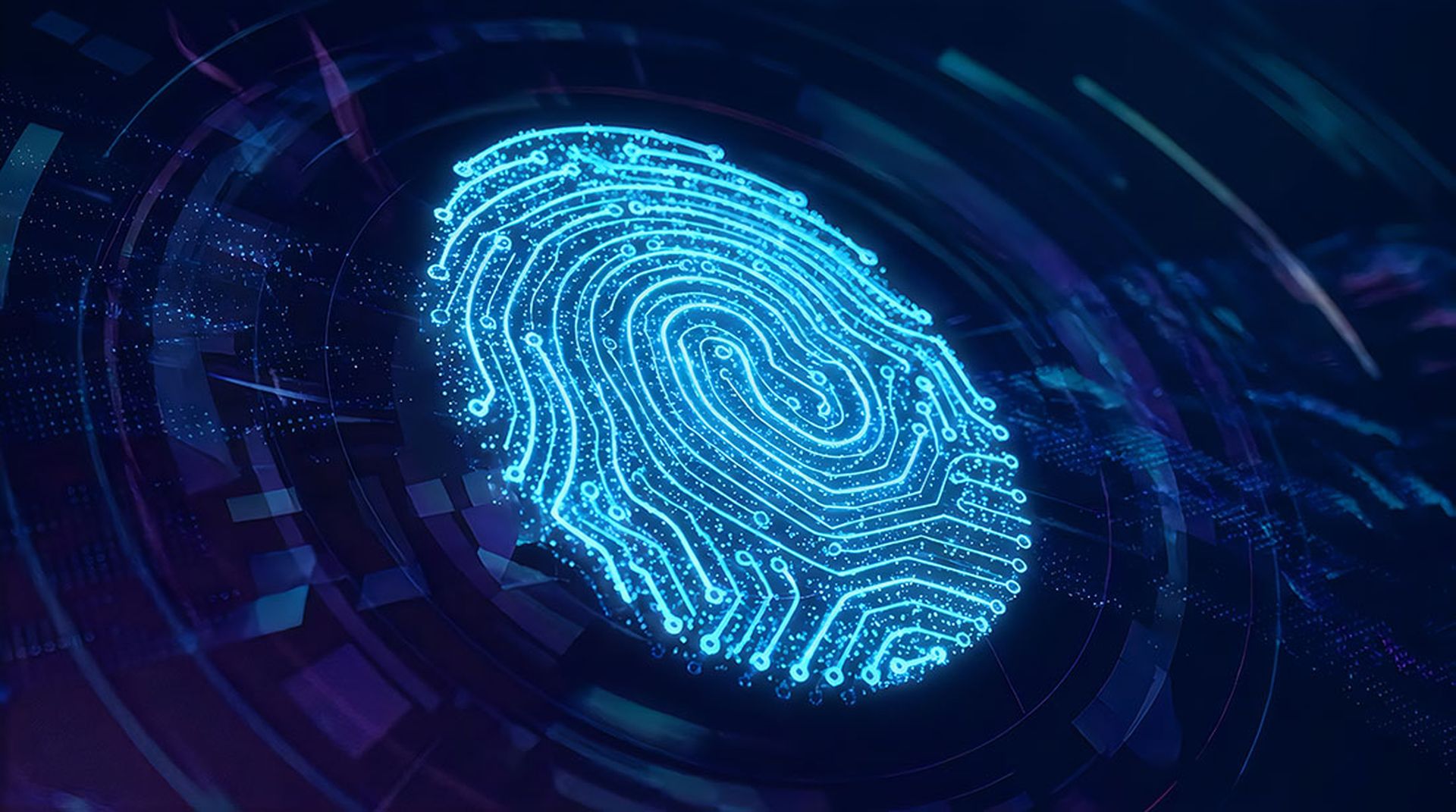 Digital fingerprint scan composed of glowing blue circuit board pathways representing biometric security and identity verification in modern technological systems