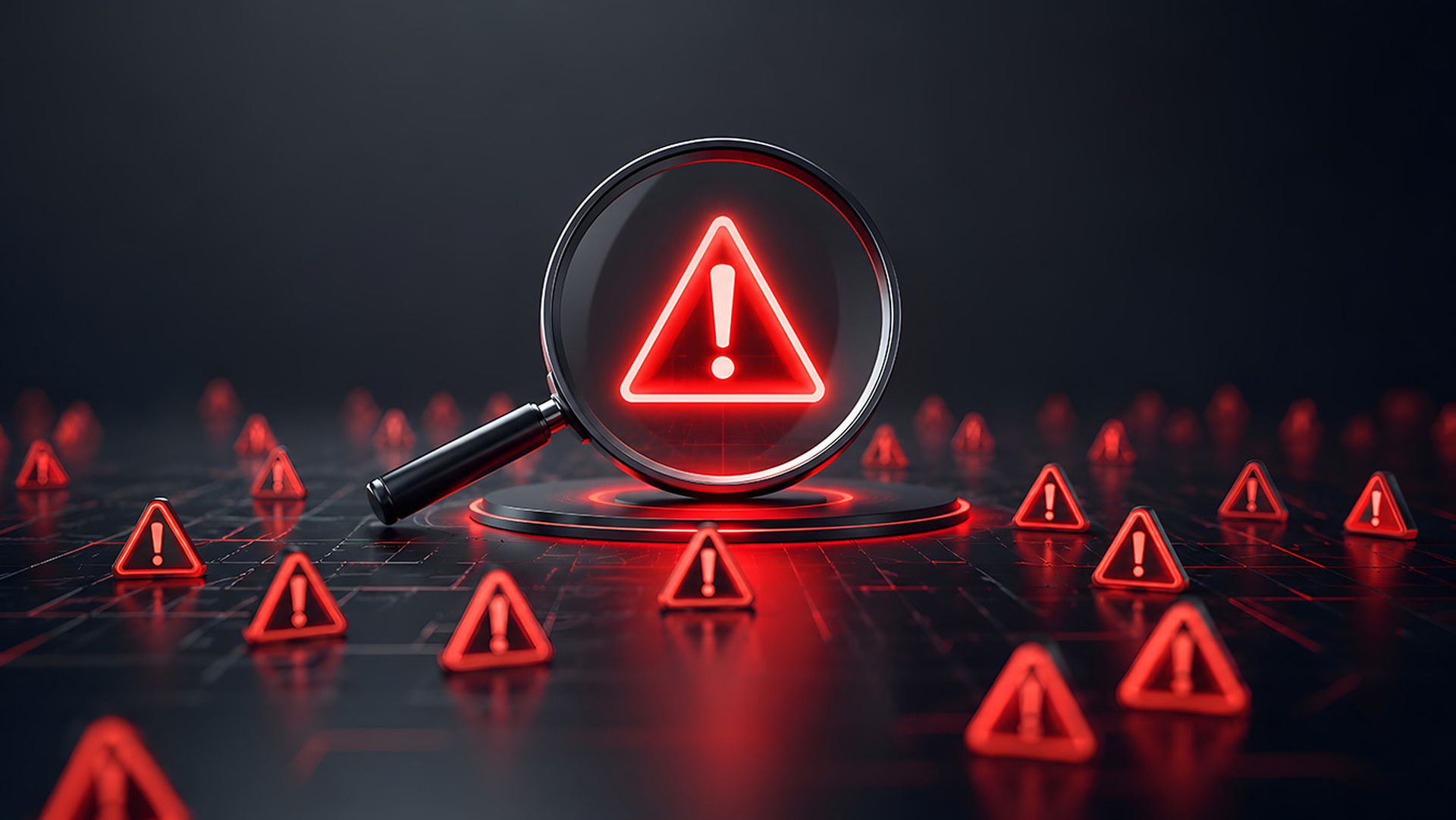 Risk assessment concept with magnifying glass focusing on a glowing red warning sign representing cyber threat detection and auditing.