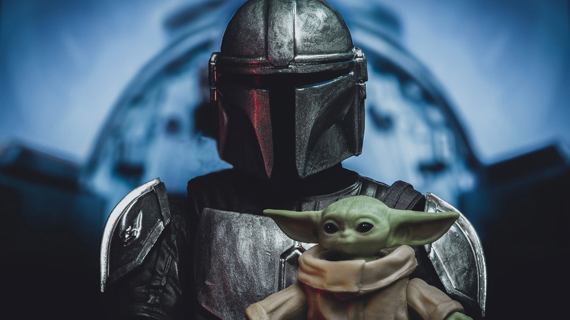 scene from Disney Plus Star Wars The Mandalorian with Din Djarin and Grogu in the cockpit of a Naboo N1 starfighter - Hasbro action figure