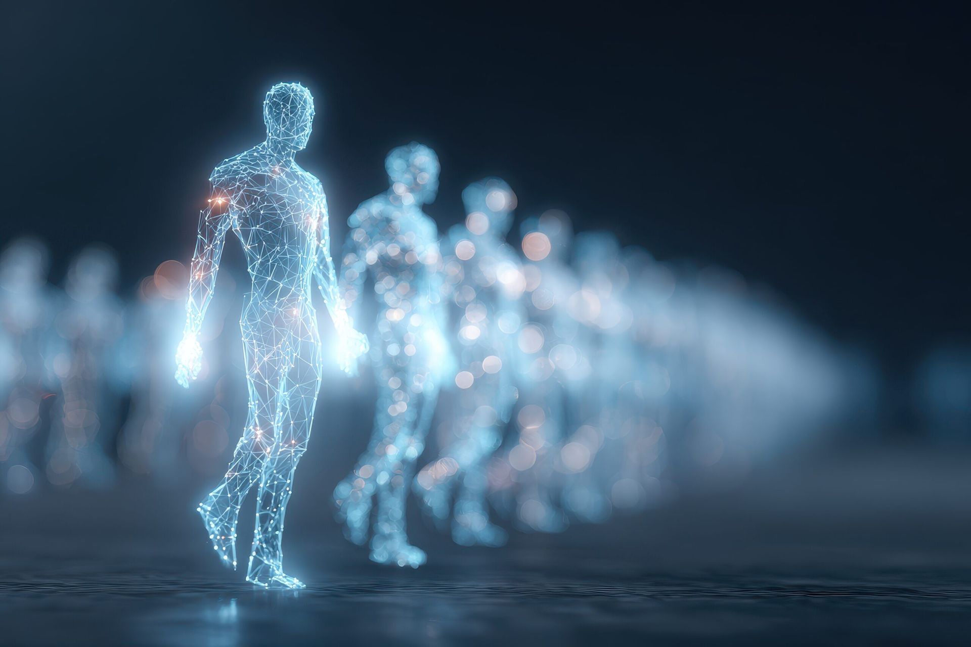 An AI hologram representing agentic autonomy moves confidently through a dark digital space filled with glowing silhouettes, highlighting advanced technology and futuristic themes.