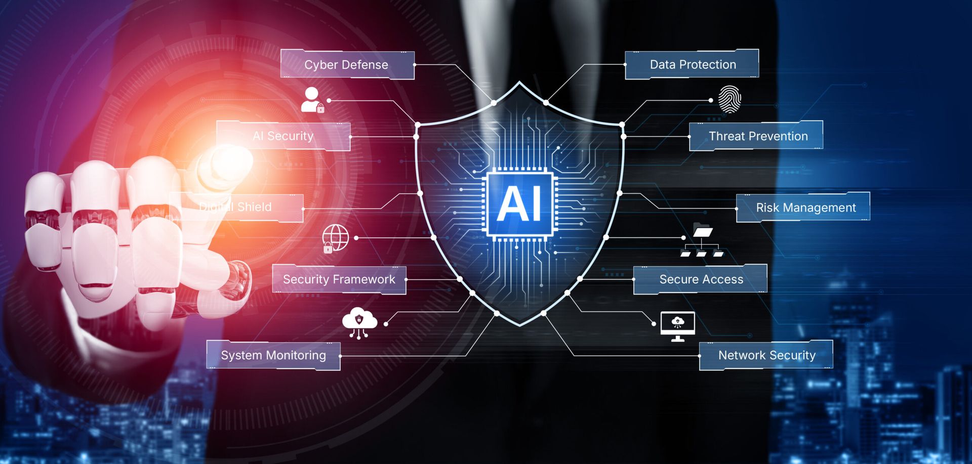 AI cybersecurity safeguards systems with encryption, access control, and AI secure data flow. Futuristic cyber security featuring AI digital shield, zero trust and AI threat detection system. Corpus