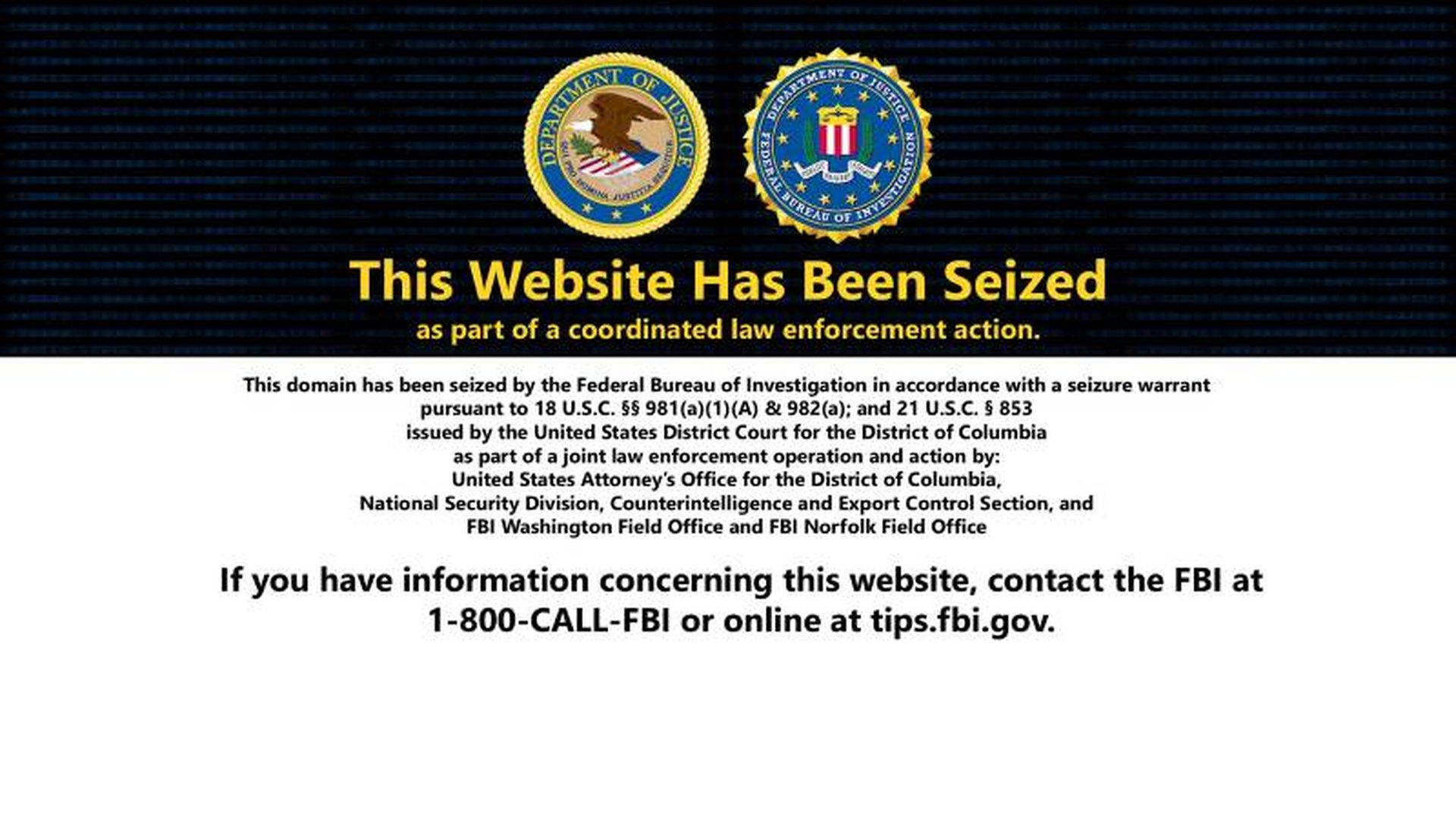 FBI seizure notice displayed on the website for “Centrik Global Consulting.”