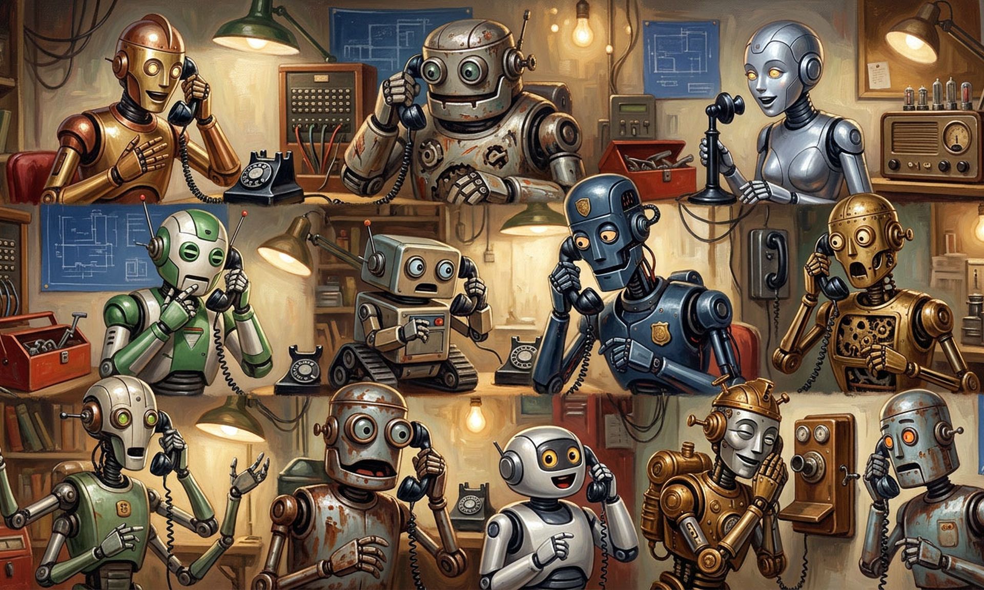 A dozen androids and robots tell each other exciting news via telephone.