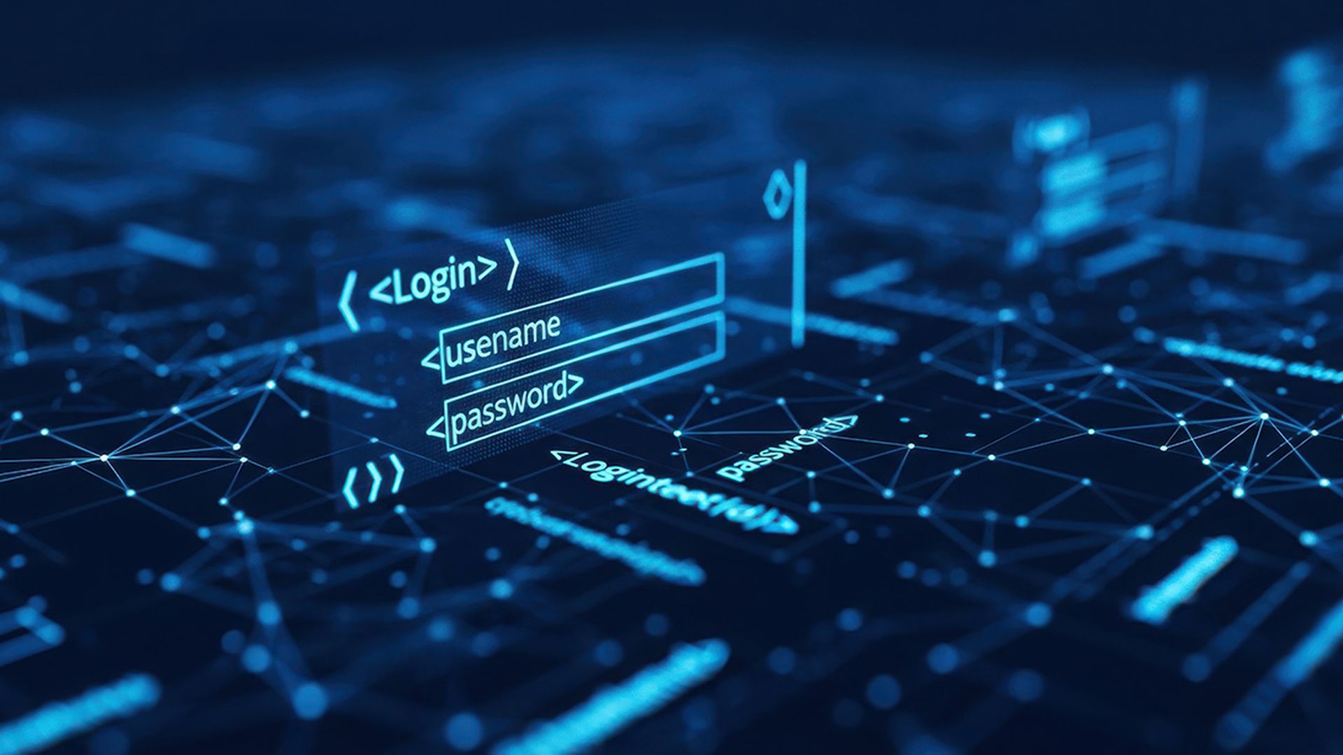 Digital login interface with data network connections and abstract code