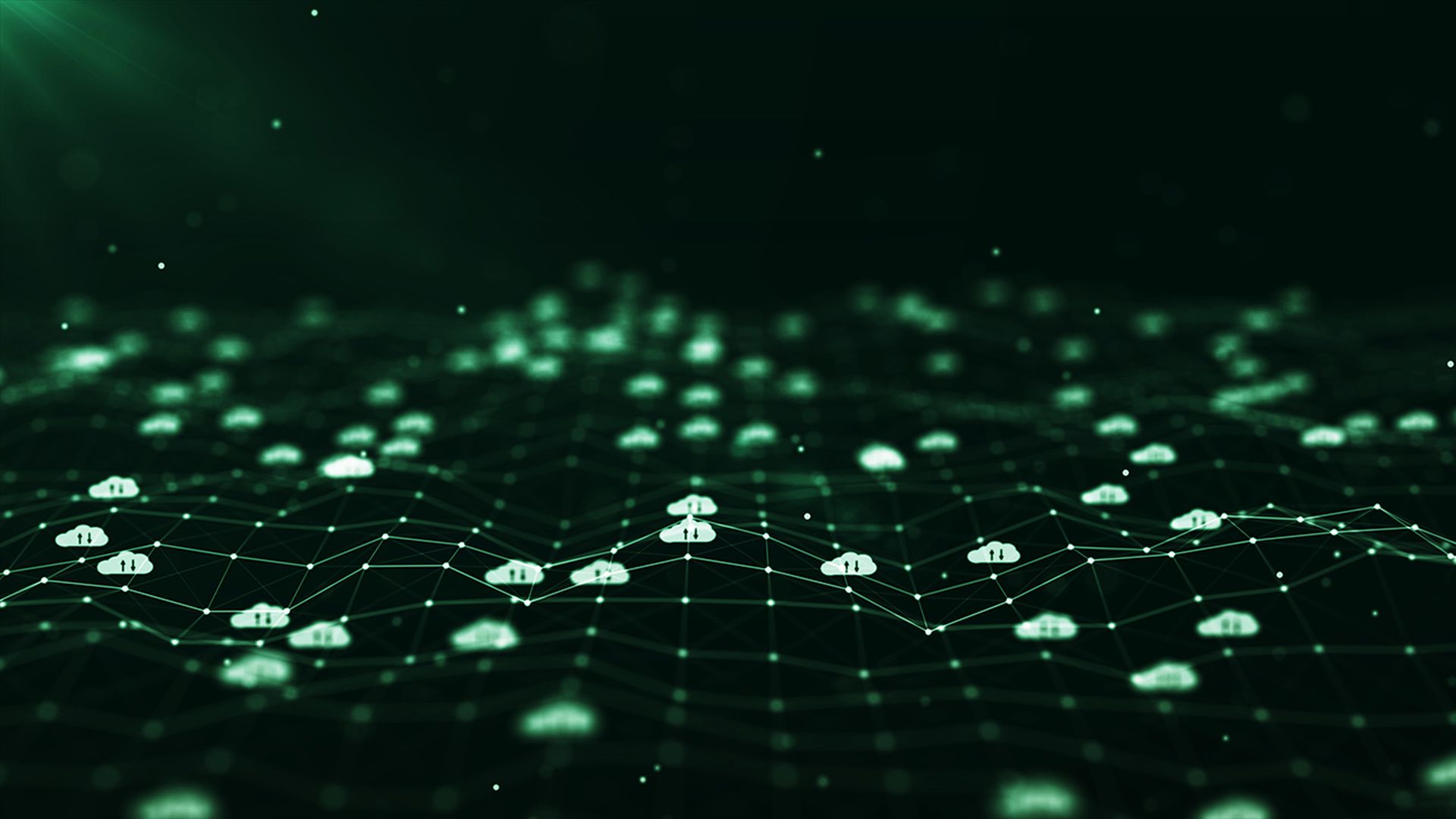Cloud computing technology concept for transfer data to storage system. White cloud icon over polygon on dark green background.