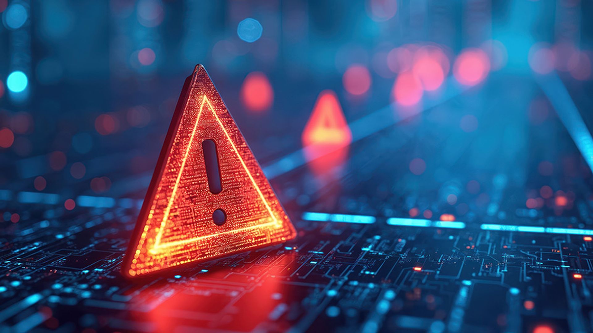 Digital warning sign on circuit board with glitch effect. Alert system error, data breach, cybersecurity threat, urgent issue notification. Red warning light indicates critical danger.