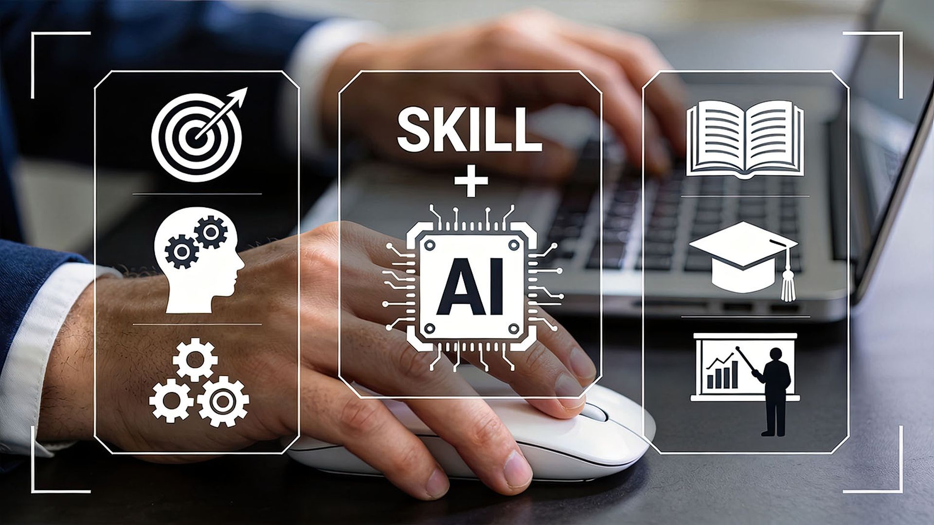 Skill development and AI education concept, hands using mouse and keyboard with icons for brain gears, graduation cap, book and presentation chart, upskilling workforce