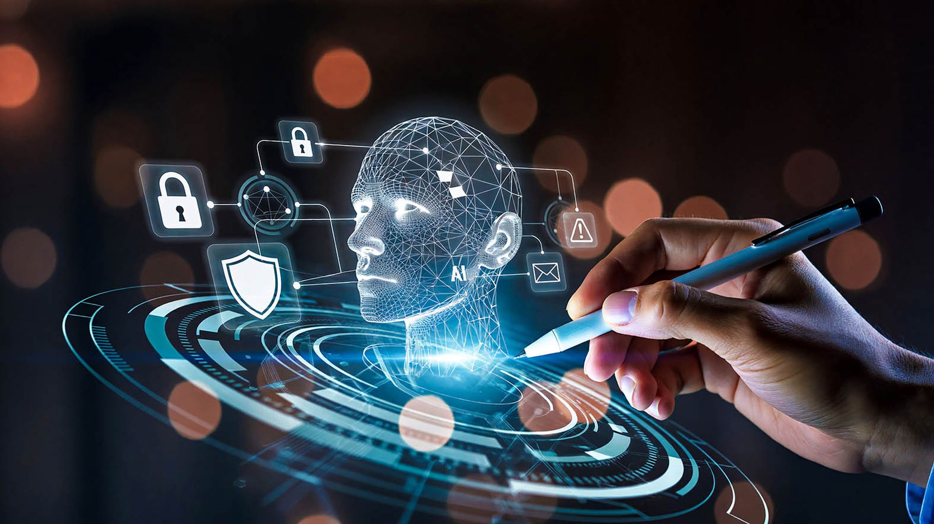 AI automation daily life concept with a hand interacting with a digital cyber security interface