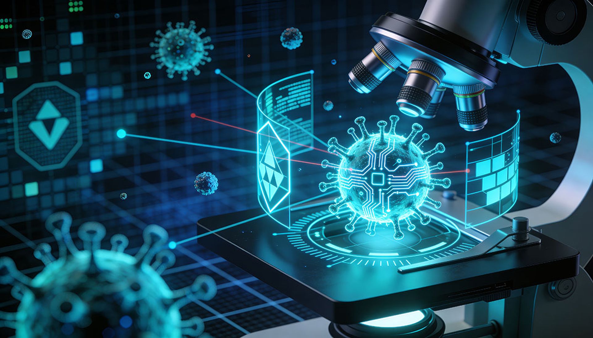 Futuristic Virus Cell Digital Microscope Malware Anatomy Cybersecurity Cyber Pathogen Detection Neutralization Antivirus Defense Technology Dark Blue