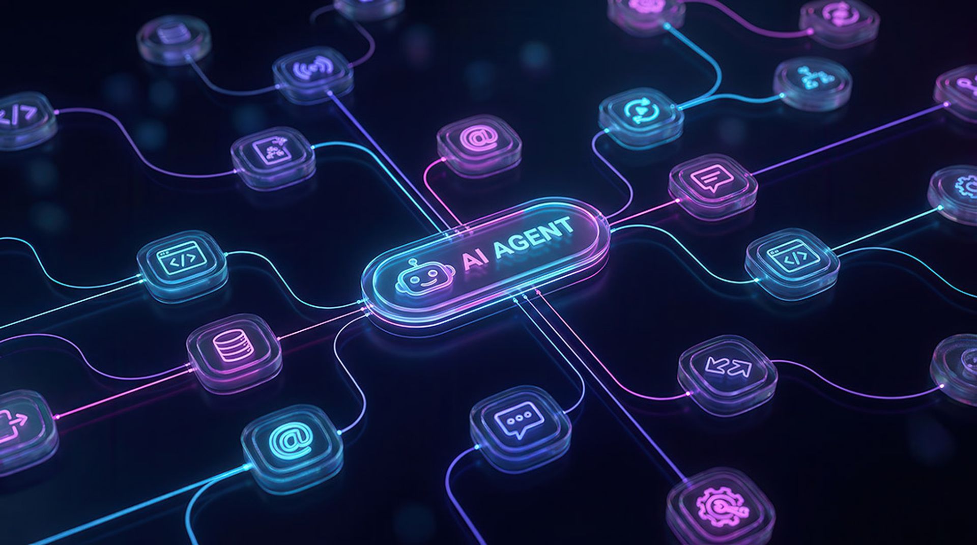 3D rendering of an AI agentic workflow automation software interface with connected nodes and data triggers.