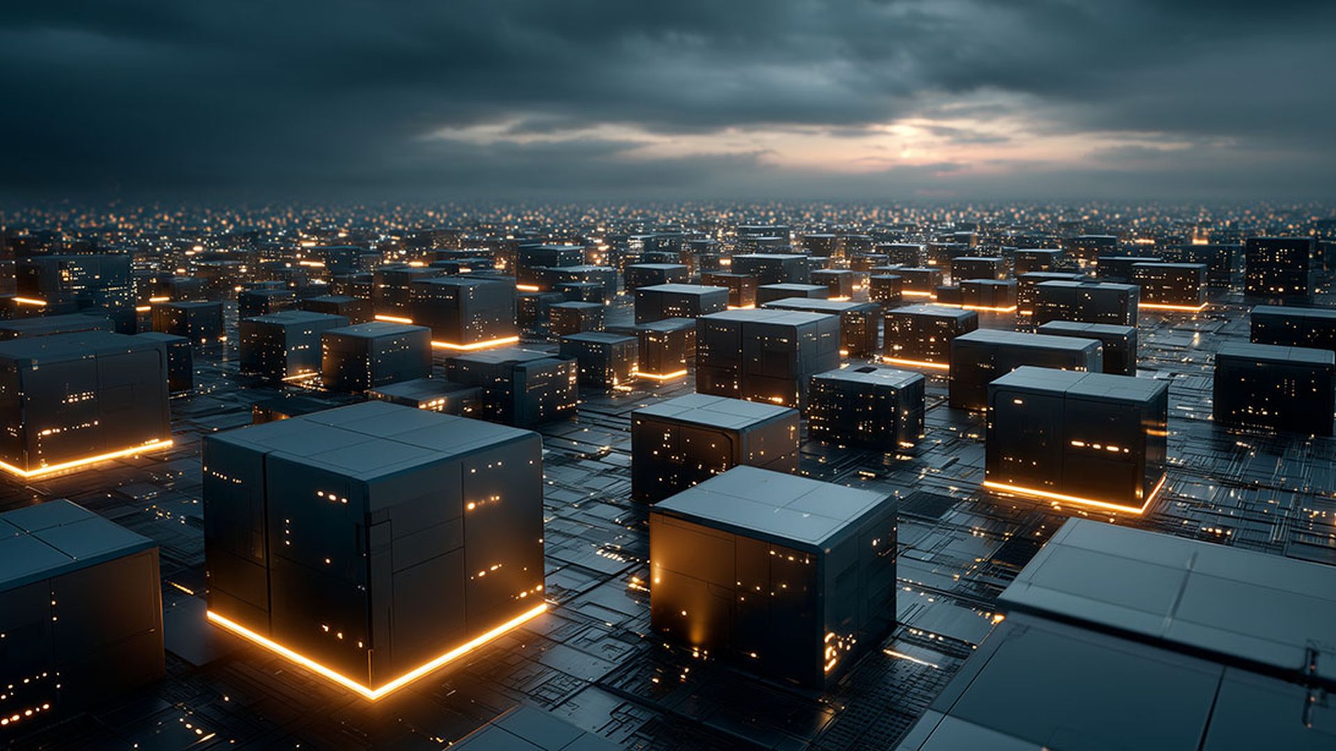 A modern city skyline featuring advanced robotic delivery systems with a sprawling arrangement of glowing cubes during twilight
