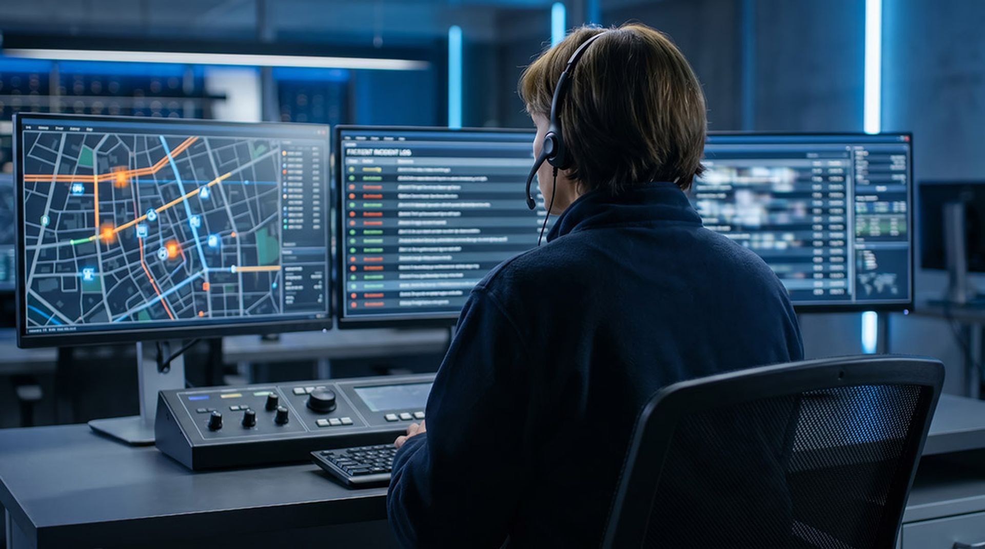 Dispatcher monitoring emergency map screens in control room. Concept of dispatch center, public safety, incident tracking and emergency response operations.