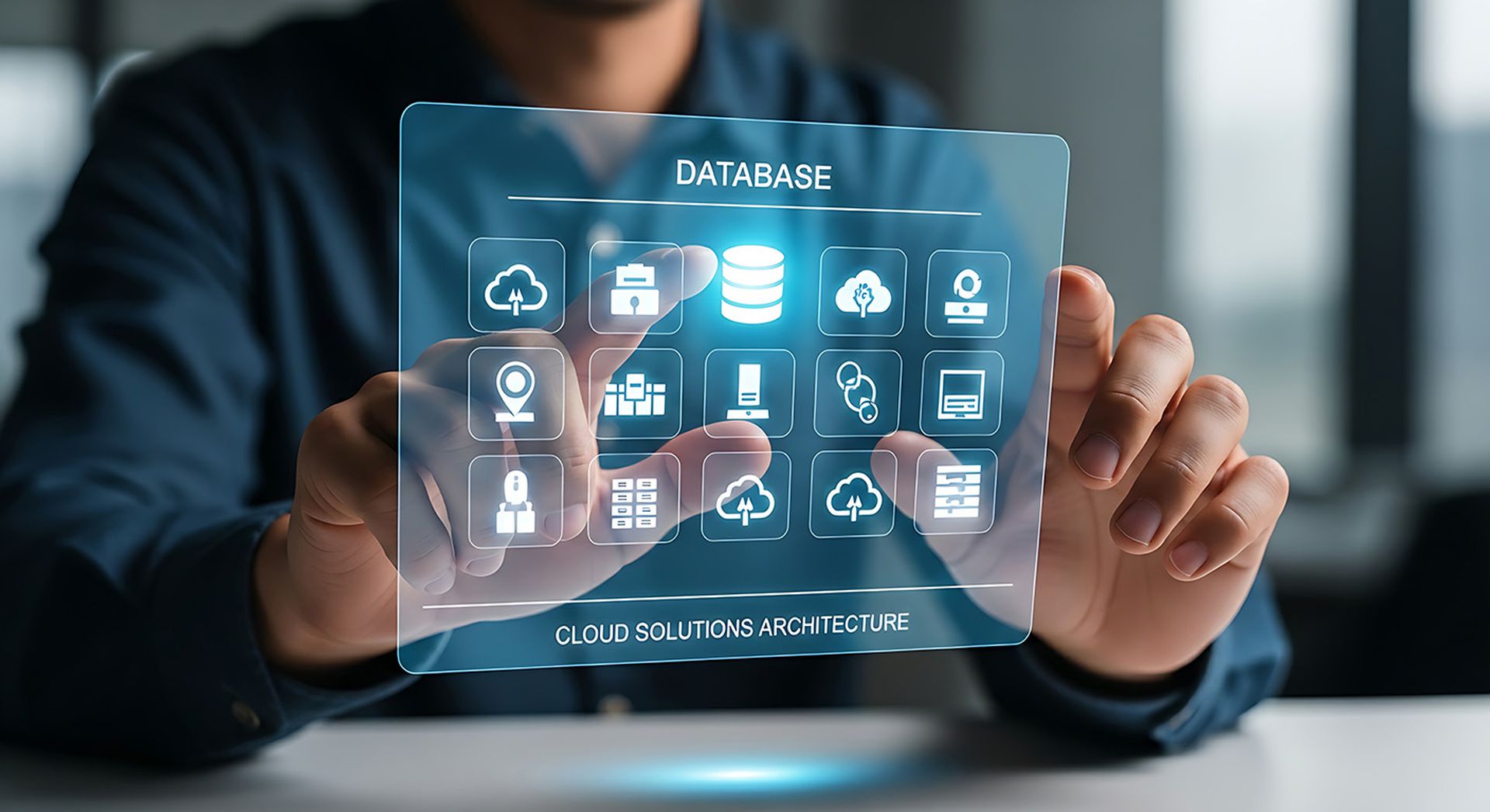 Cloud solution architecture. An architect's hands select a database icon from a simple palette of holographic cloud services.