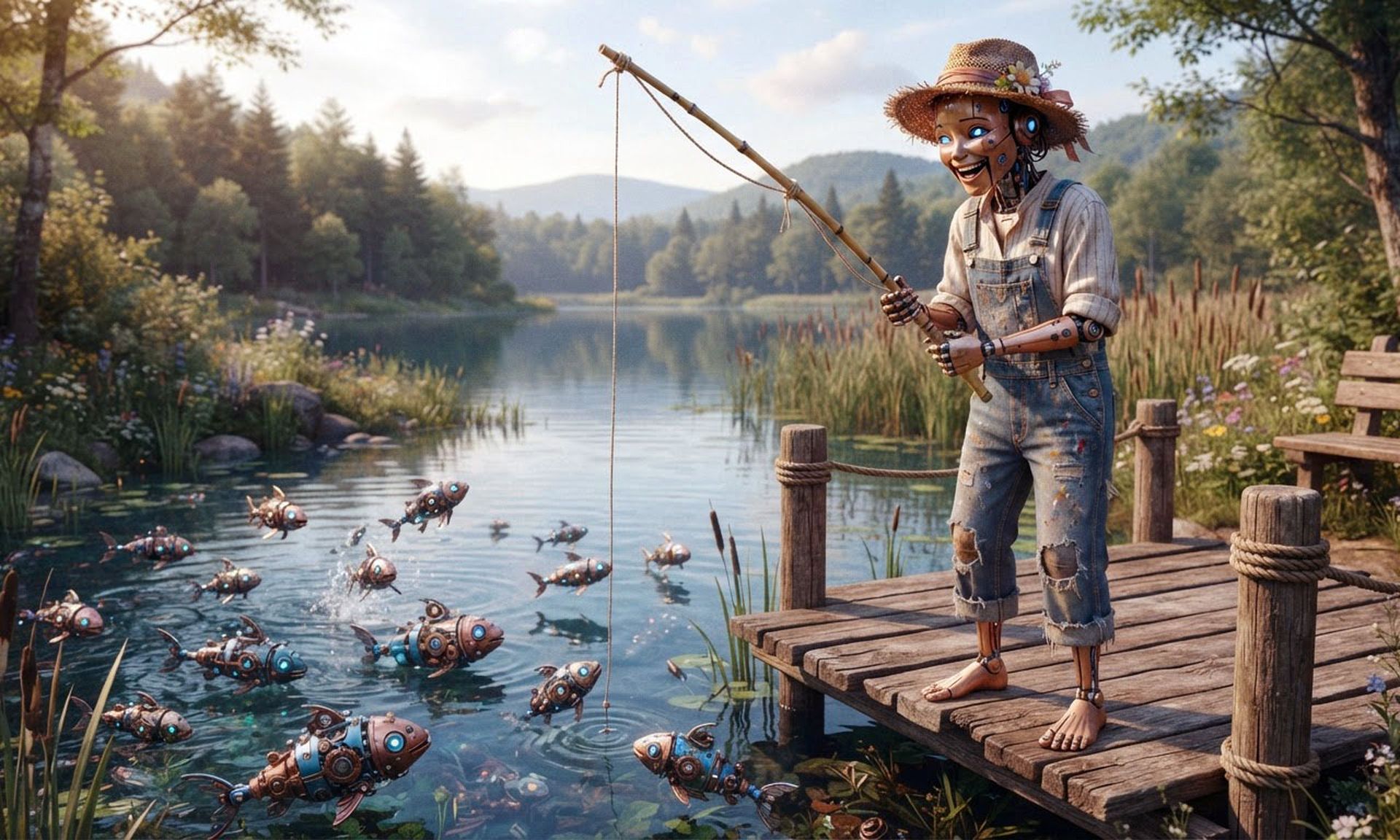 A happy android dangles a fishing line from a homemade fishing rod into a pond full of robotic fish.