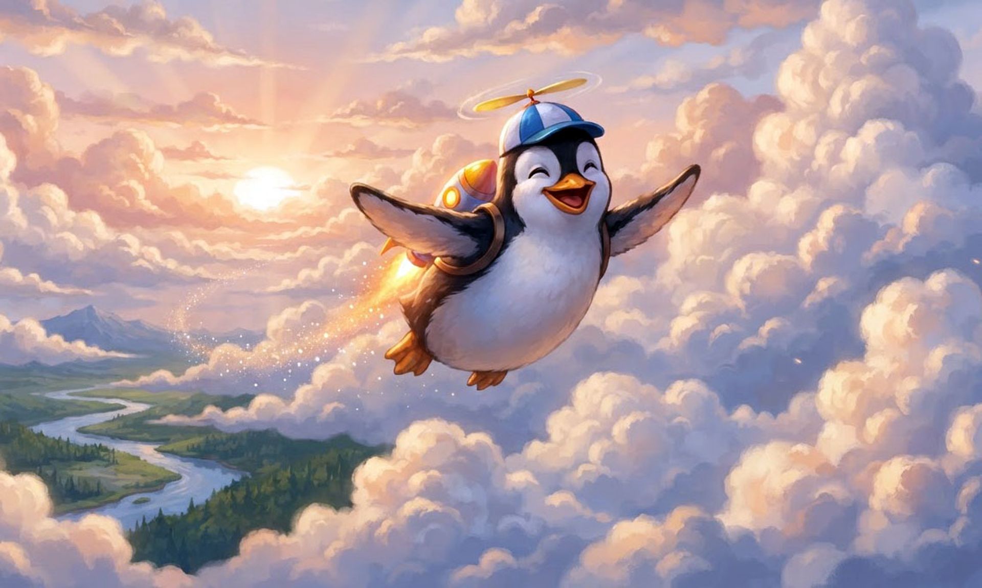 A happy penguin flies among the clouds.