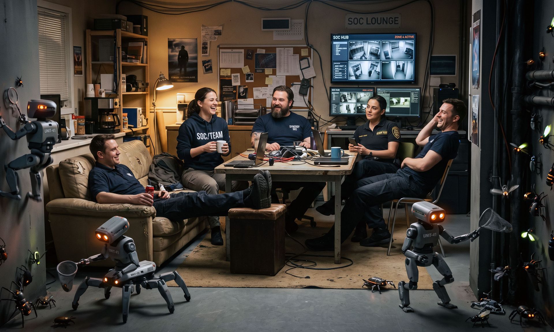 Members of a security-operations team relax while robots chase and catch all manner of evil insects hiding in the corners of the room.