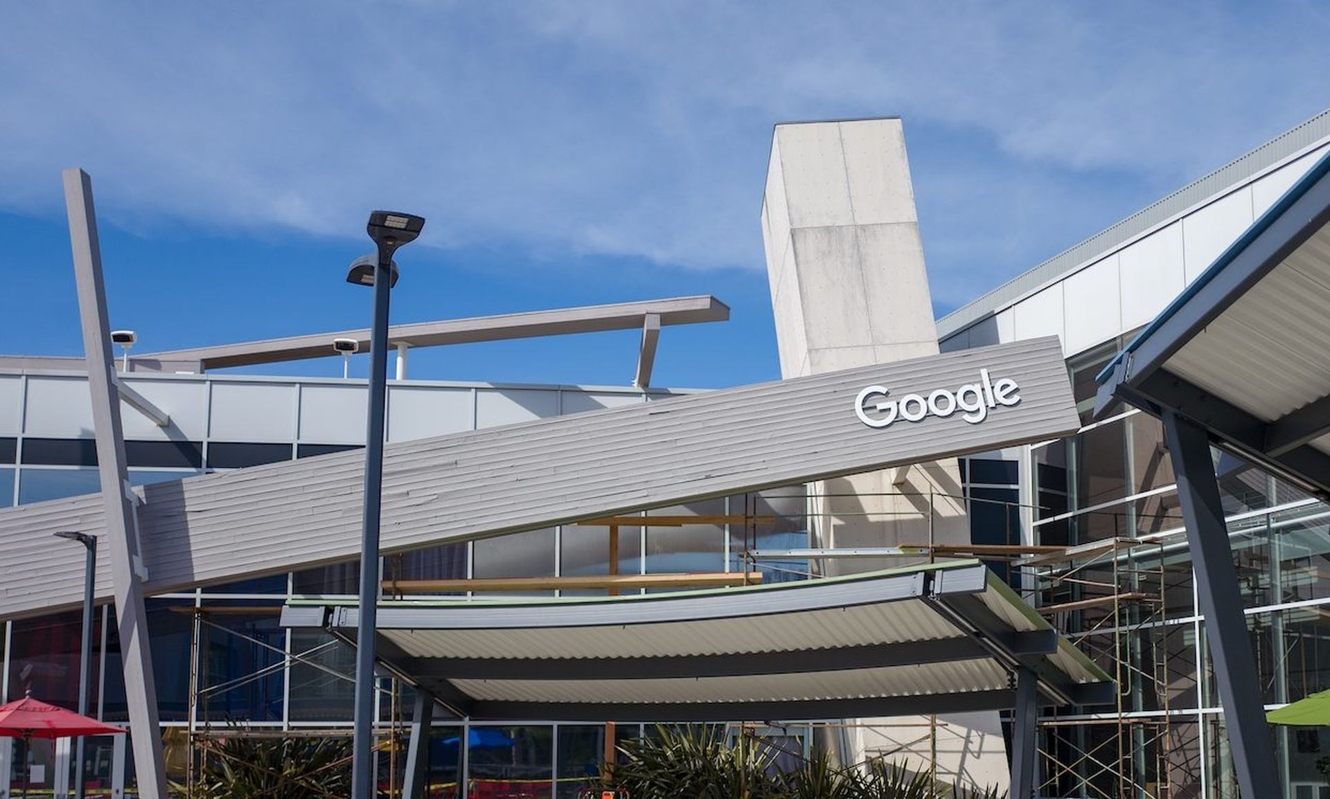 Facade with logo at the Googleplex, headquarters of Google Inc in the Silicon Valley, Mountain View, California, April 13, 2019. (Photo by Smith Collection/Gado/Getty Images)
