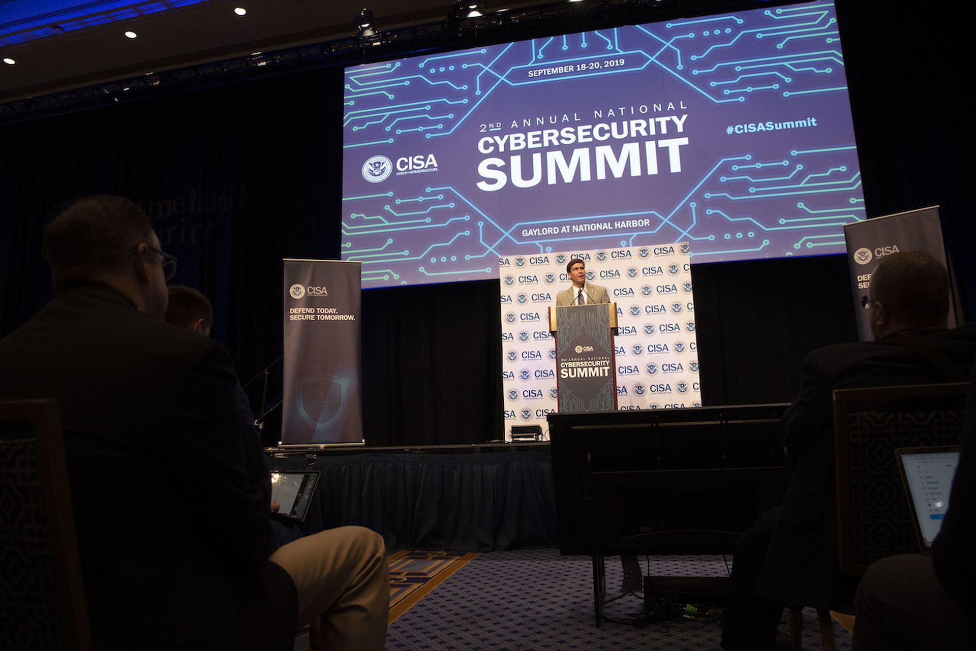 Defense Secretary Mark Esper speaks at the Department of Homeland Security’s cyber summit held by CISA last year. CISA ordered civilian agencies to identify and patch all assets known to be affected by the Log4J vulnerability before Christmas. (Creative Commons CC BY 2.0)