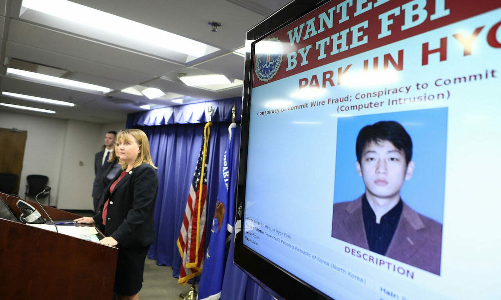 First Assistant U.S. Attorney Tracy Wilkison announces in 2018 charges against a North Korean national in a range of cyberattacks, including the cyberattack against Sony Pictures in 2014, and the WannaCry 2.0 ransomware attack in 2016. The FBI is working closely with the private sector to respond to the explosion of ransomware attacks. (Mario Tama/...