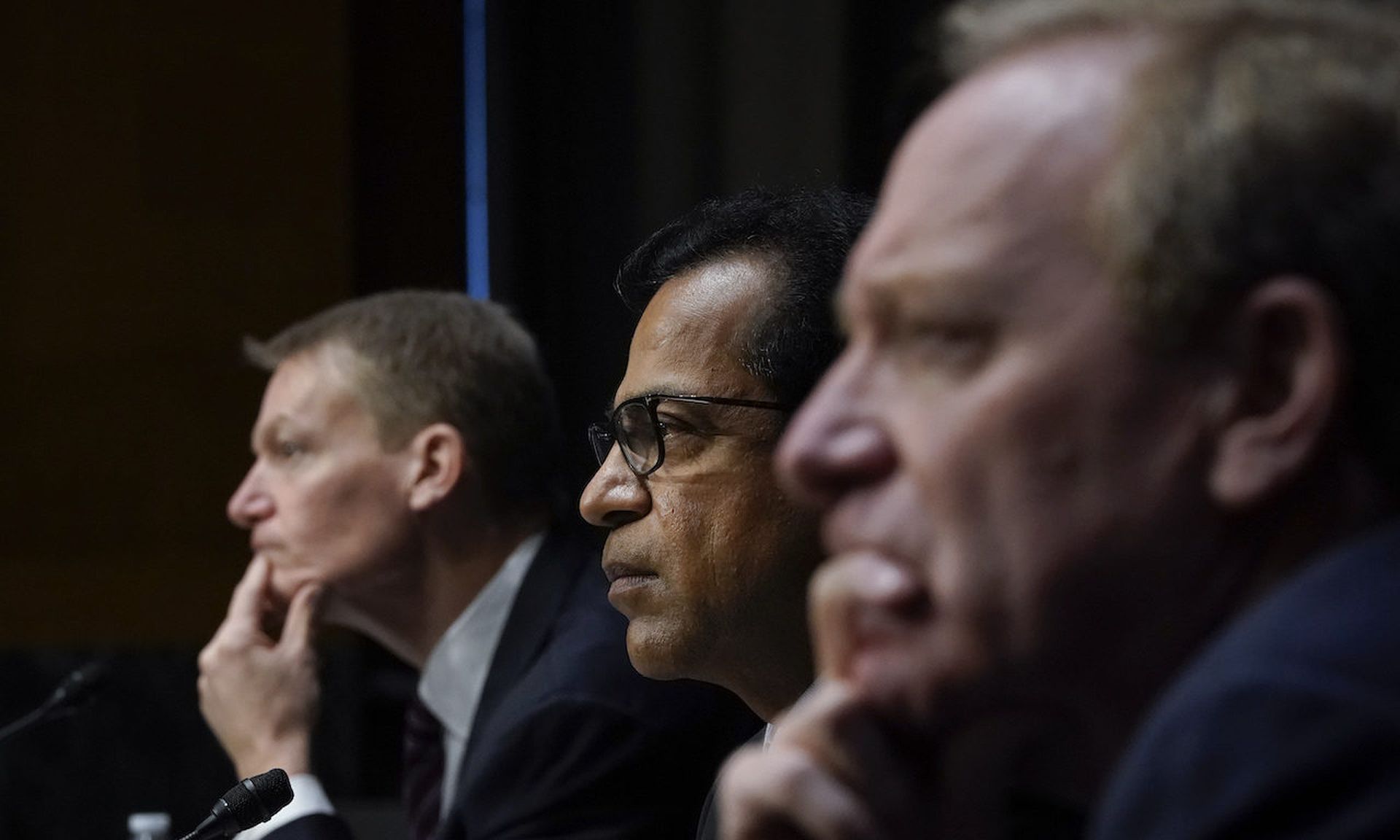 FireEye CEO Kevin Mandia, SolarWinds CEO Sudhakar Ramakrishna and Microsoft President Brad Smith testify during a Senate Intelligence Committee hearing on Capitol Hill on February 23, 2021 in Washington, DC. (Drew Angerer/Getty Images)