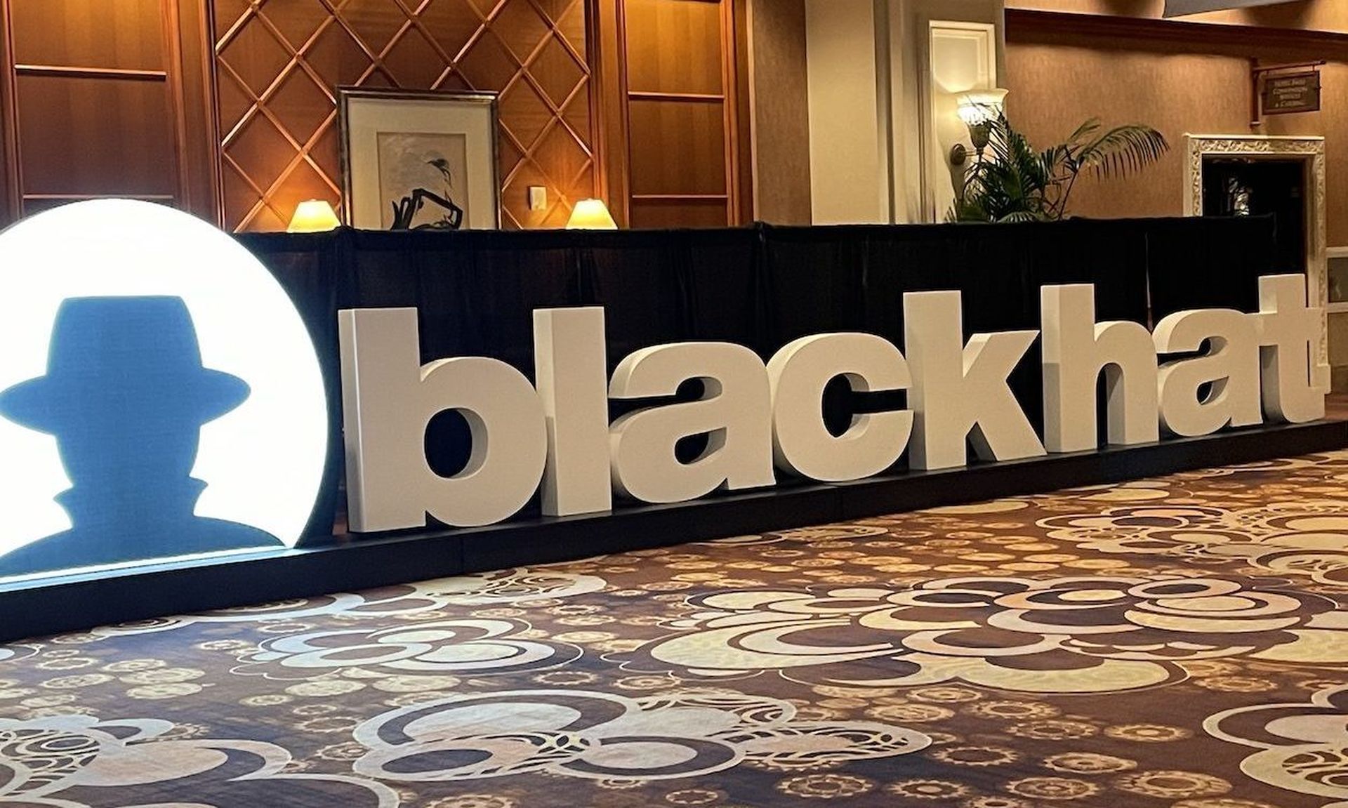 Signage adorns the Mandalay Bay conference center in Las Vegas before general sessions kickoff for the Black Hat USA conference. (Staff/Jill Aitoro)