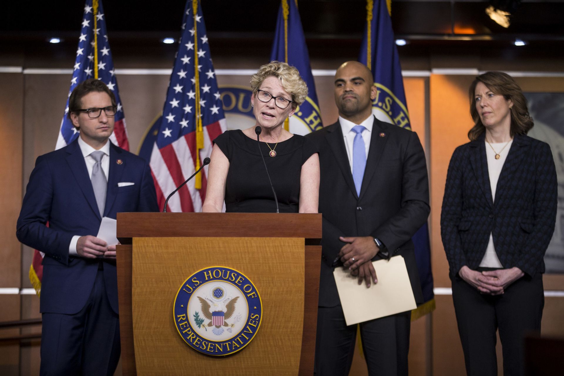 Rep. Chrissy Houlahan, D-Pa., speaks during news conference discussing the &#8220;Shutdown to End All Shutdowns (SEAS) Act&#8221; on Jan. 29, 2019, in Washington. Houlahan introduced proposed legislation that would create two new cybersecurity training and apprenticeship programs within the Department of Homeland Security. (Photo by Zach Gibson/Get...