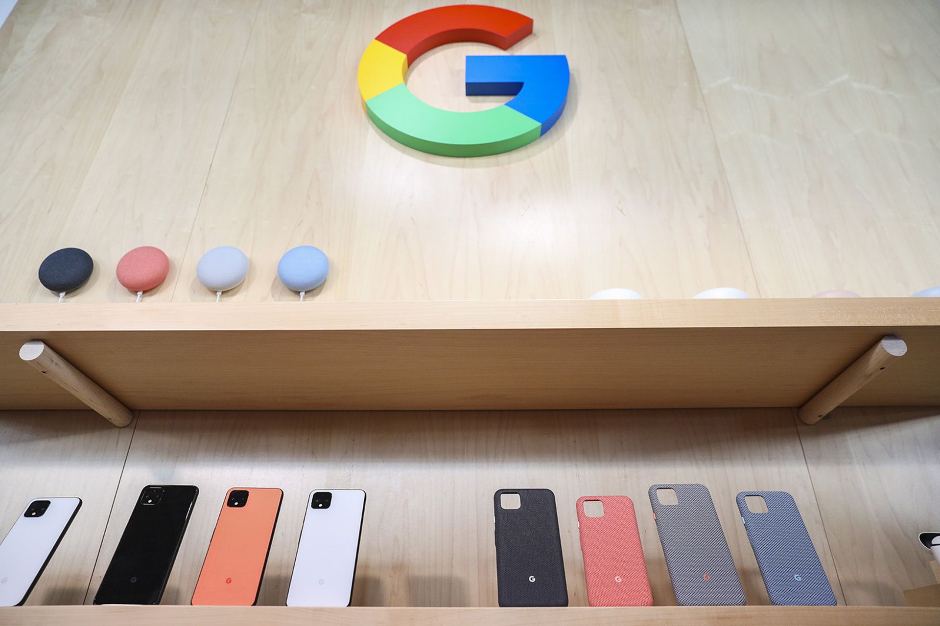 The Google Pixel 4 smartphone and cases are displayed during a Google launch event on Oct. 15, 2019, in New York City. (Photo by Drew Angerer/Getty Images)