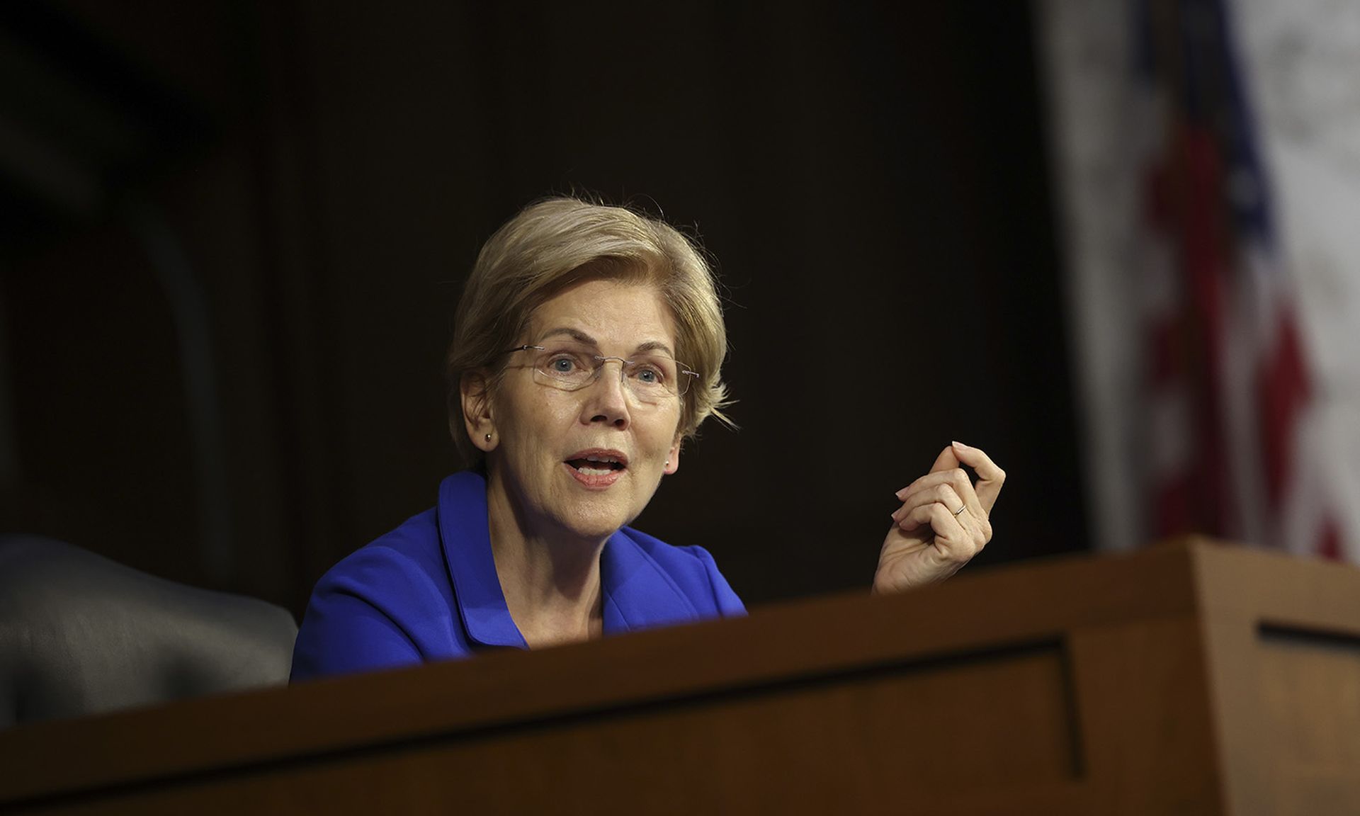 Sen. Elizabeth Warren, D-Mass., questions Treasury Secretary Janet Yellen and Federal Reserve Chairman Powell during a Senate Banking, Housing and Urban Affairs Committee hearing at the Hart Senate Office Building on Sept. 28, 2021, in Washington. (Photo by Kevin Dietsch/Getty Images)