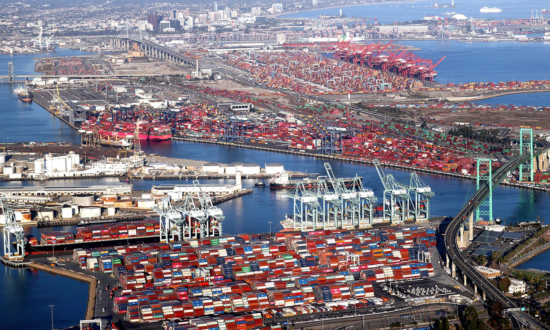 In an aerial view, shipping containers and container ships are seen at the ports of Long Beach and Los Angeles on Sept. 20, 2021, near Los Angeles. Amid nationwide record-high demand for imported goods and supply chain issues, the twin ports of Los Angeles and Long Beach are currently seeing unprecedented congestion. (Photo by Mario Tama/Getty Imag...