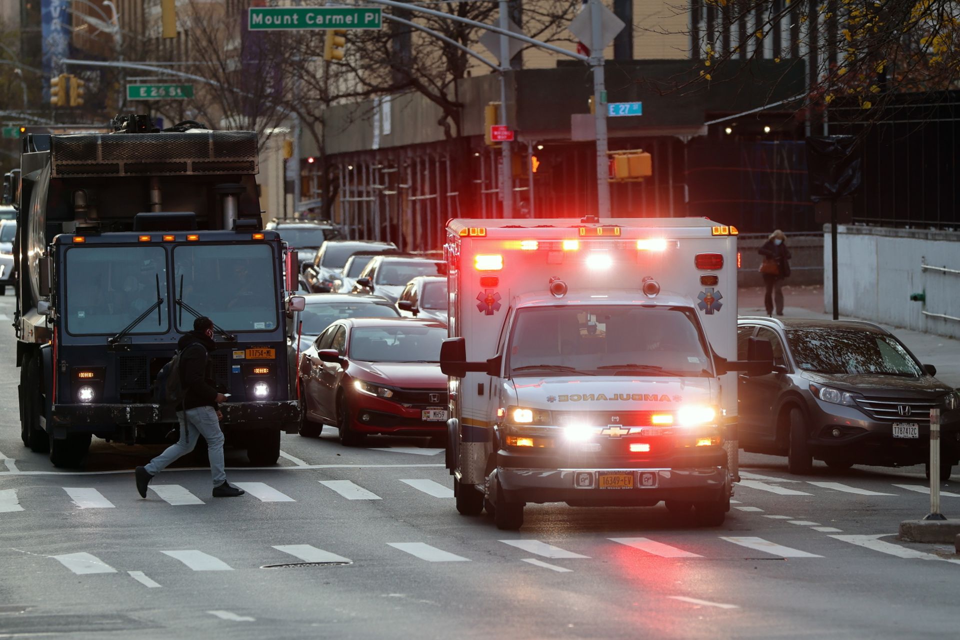 An ambulance drives through the streets of Manhattan on Dec. 02, 2020, in New York City. (Photo by Spencer Platt/Getty Images)