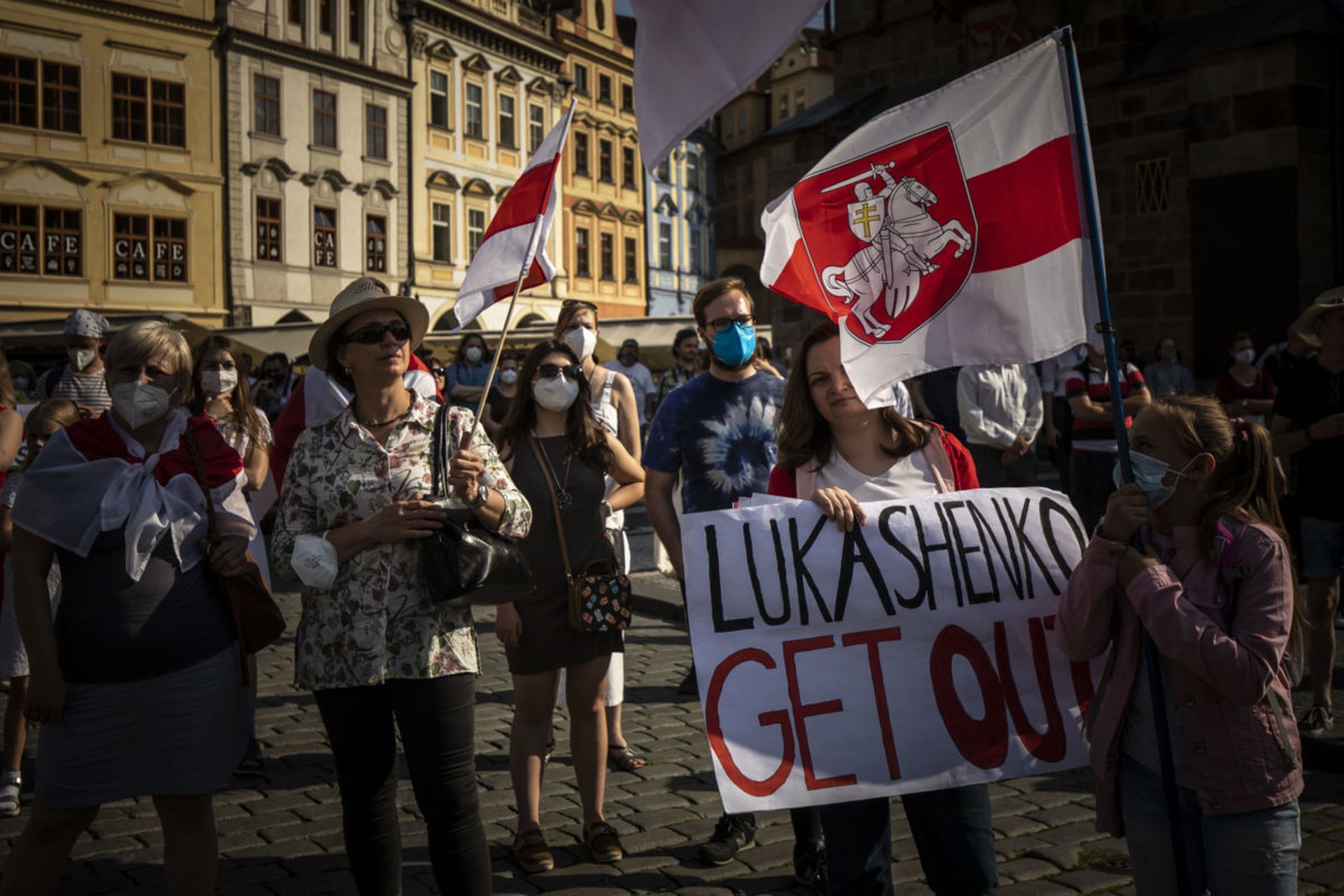Supporters of the Belarusian opposition leader Sviatlana Tsikhanouskaya attend a protest against regime of the Alexander Lukashenko on June 07, 2021 in Prague, Czech Republic. New research from Mandiant tracks the way Belarusian political opposition to Lukashenko were increasingly targeted by the Ghostwriter influence campaign. (Photo by Gabriel K...