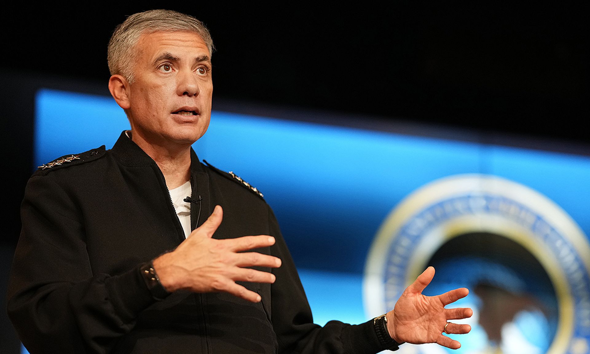 U.S. Army Gen. Paul Nakasone, U.S. Cyber Command  commander and National Security Agency director, presents opening remarks for the 10th annual Reserve Component Summit at Fort George G. Meade, Md., Aug. 20, 2021. (Josef Cole/U.S. Cyber Command)